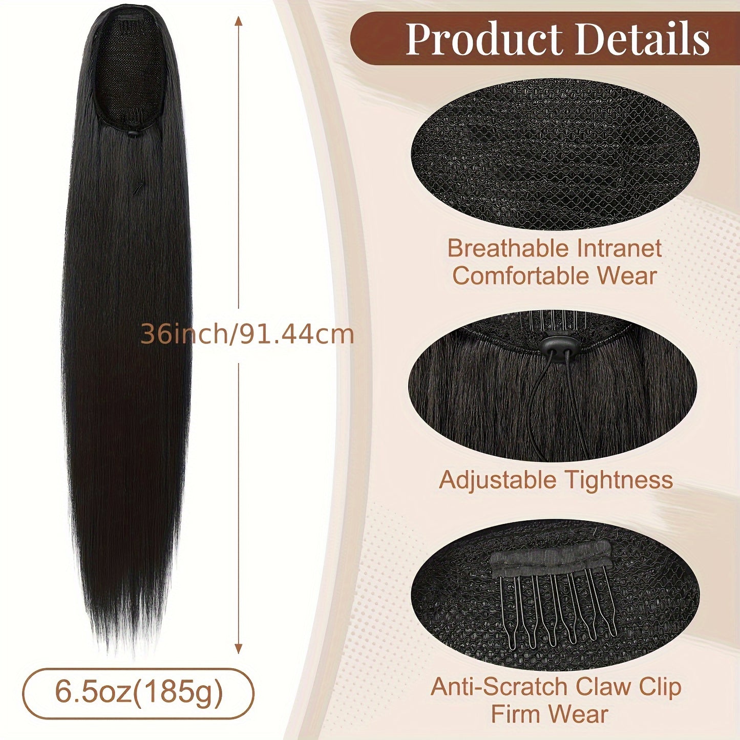 36inch Long Ponytail Hair Extensions, 36 Inch Long Straight Drawstring Ponytail Synthetic Fake Ponytail Soft Clip-In Hair Extensions Ponytail Women's Daily Wear Holiday Party Wear Halloween Christmas