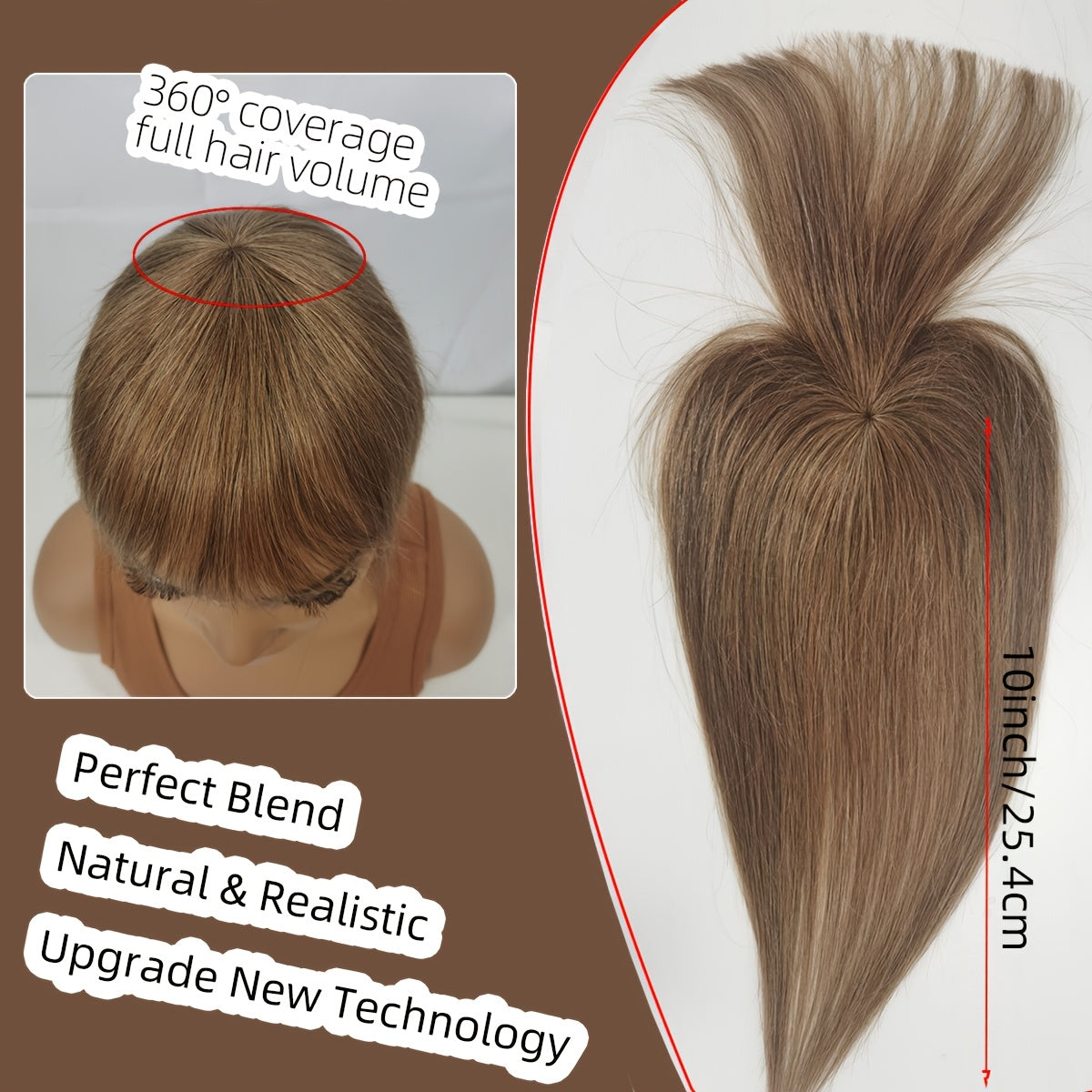 360° Full Head Coverage Human Hair Topper Wig with Bangs - Straight Clip-In Hairpiece for Thinning Hair & Volume Boost, #6 Color Hair Extensions for Women, Natural Look & Versatile Styling, Hair Wig, Hair Volume Enhancer, Silky Smooth Texture