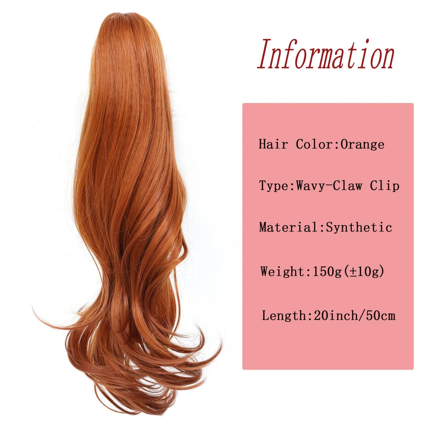 1pc Women'S 50.8 cm Long Orange Body Wave Claw Clip Ponytail Extension, Synthetic Hairpiece for Basic Style