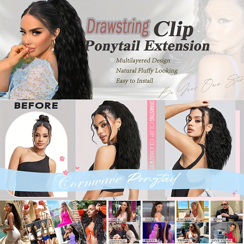 45.72cm Deep Wave Corn Curl Clip-In Ponytail Extension for Women - High-Temperature Synthetic Hairpiece with Drawstring, Layered Wavy Afro Style, Perfect for Daily Wear & Parties, Hair Accessories