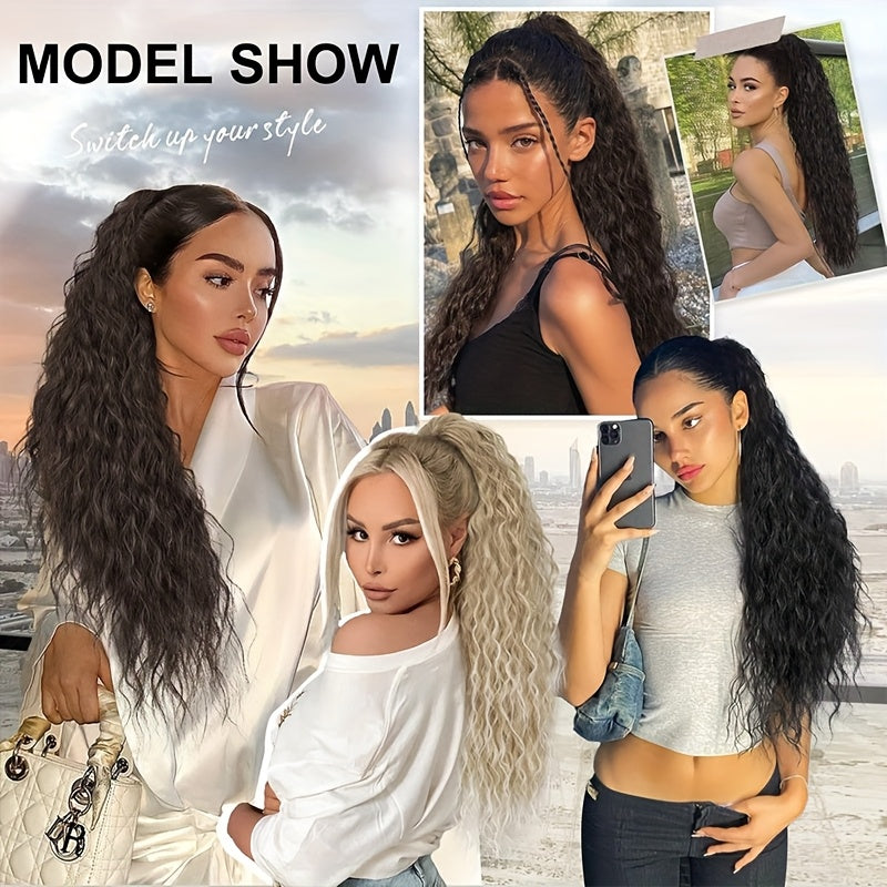 45.72cm Deep Wave Corn Curl Clip-In Ponytail Extension for Women - High-Temperature Synthetic Hairpiece with Drawstring, Layered Wavy Afro Style, Perfect for Daily Wear & Parties, Hair Accessories