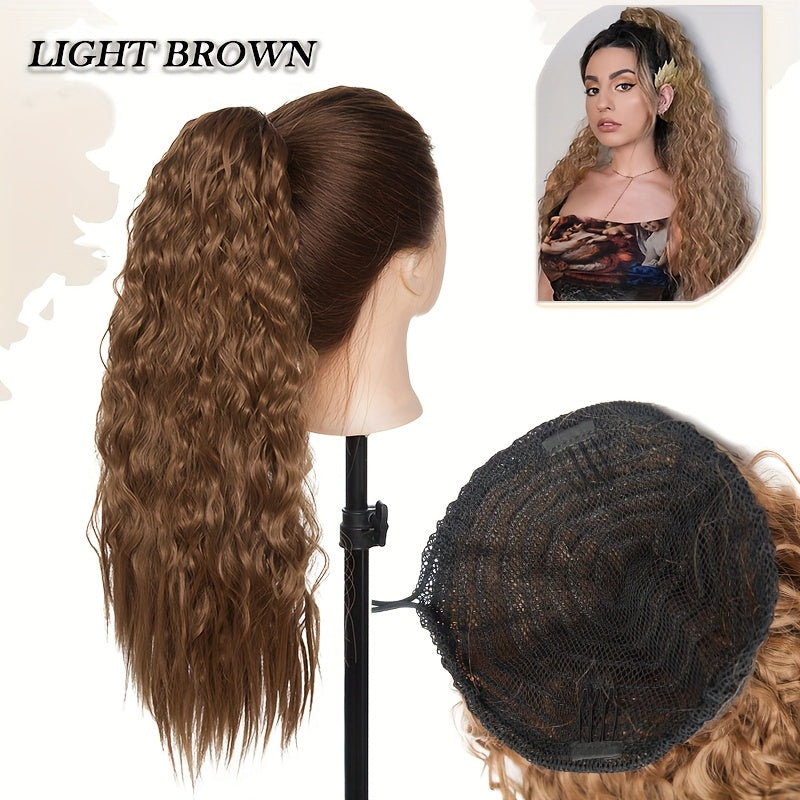 45.72cm Deep Wave Corn Curl Clip-In Ponytail Extension for Women - High-Temperature Synthetic Hairpiece with Drawstring, Layered Wavy Afro Style, Perfect for Daily Wear & Parties, Hair Accessories
