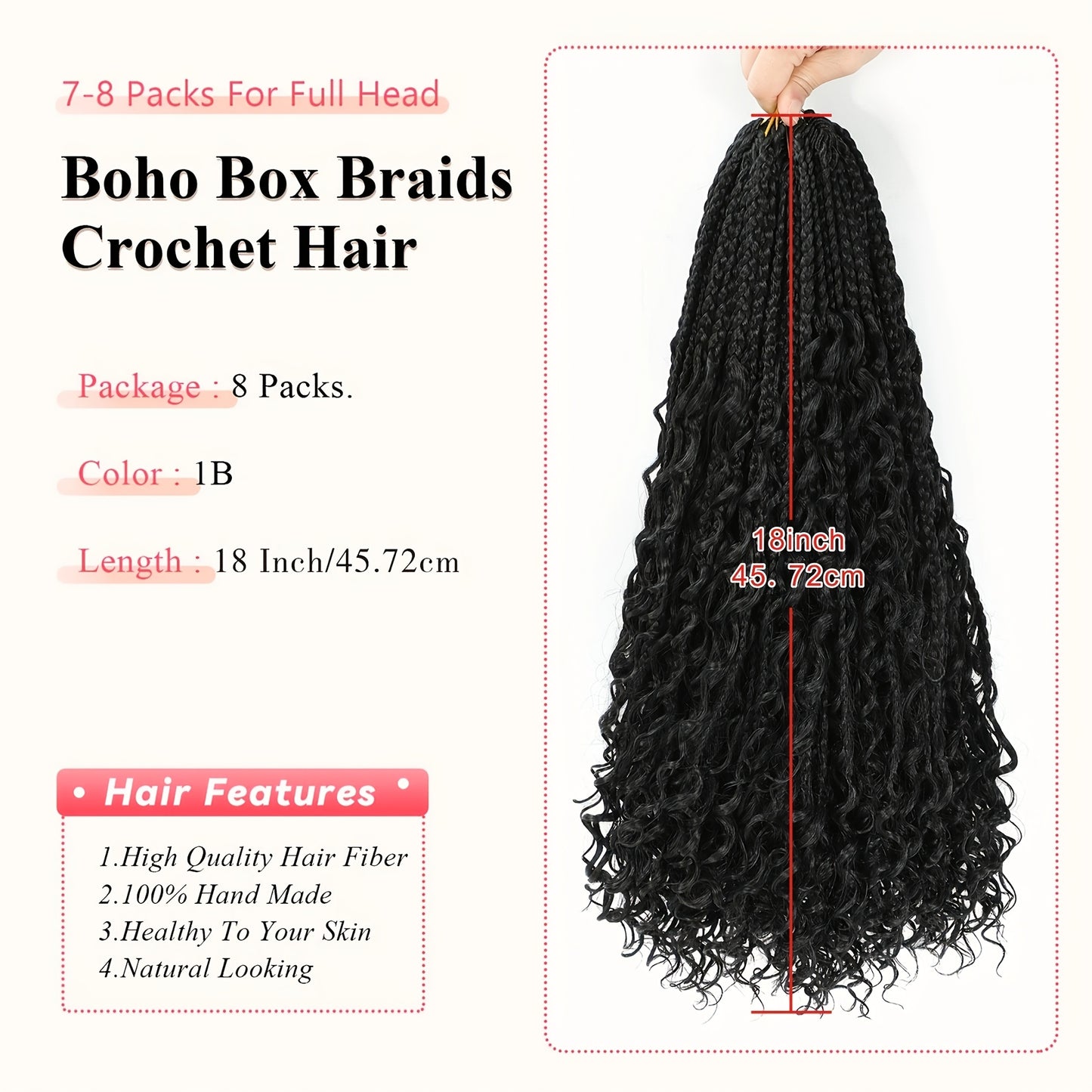 8 Pack Pre-Looped Boho Box Braids Crochet Hair Extensions - 45.72cm Afro Curly/Kinky Synthetic Heat Resistant & Tangle-Free, Unisex Bohemian Braids for Women & Men, Versatile for Casual & Formal Styles, Stylish Updo Accessory, Boho Hair Accessories