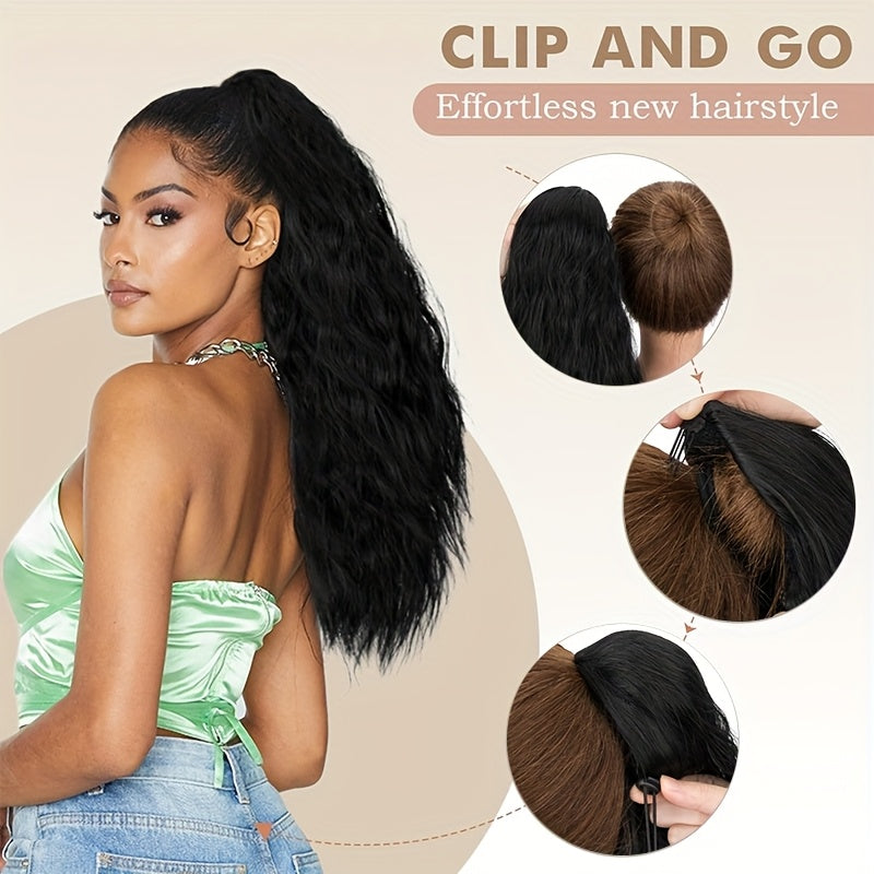 45.72cm Deep Wave Corn Curl Clip-In Ponytail Extension for Women - High-Temperature Synthetic Hairpiece with Drawstring, Layered Wavy Afro Style, Perfect for Daily Wear & Parties, Hair Accessories