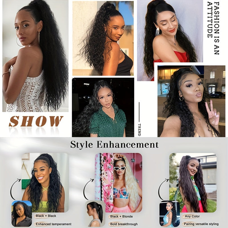 45.72cm Deep Wave Corn Curl Clip-In Ponytail Extension for Women - High-Temperature Synthetic Hairpiece with Drawstring, Layered Wavy Afro Style, Perfect for Daily Wear & Parties, Hair Accessories