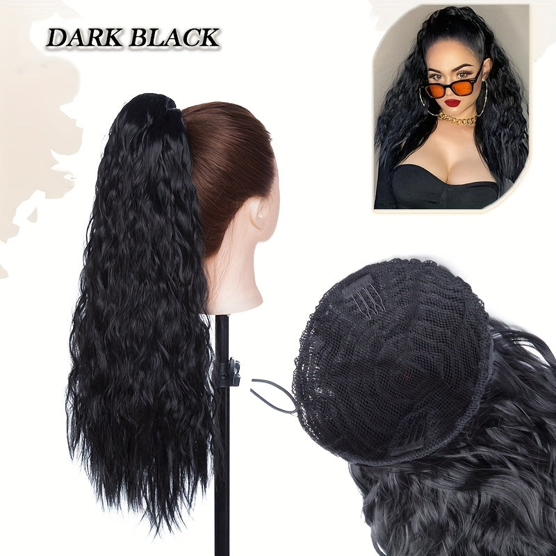 45.72cm Deep Wave Corn Curl Clip-In Ponytail Extension for Women - High-Temperature Synthetic Hairpiece with Drawstring, Layered Wavy Afro Style, Perfect for Daily Wear & Parties, Hair Accessories