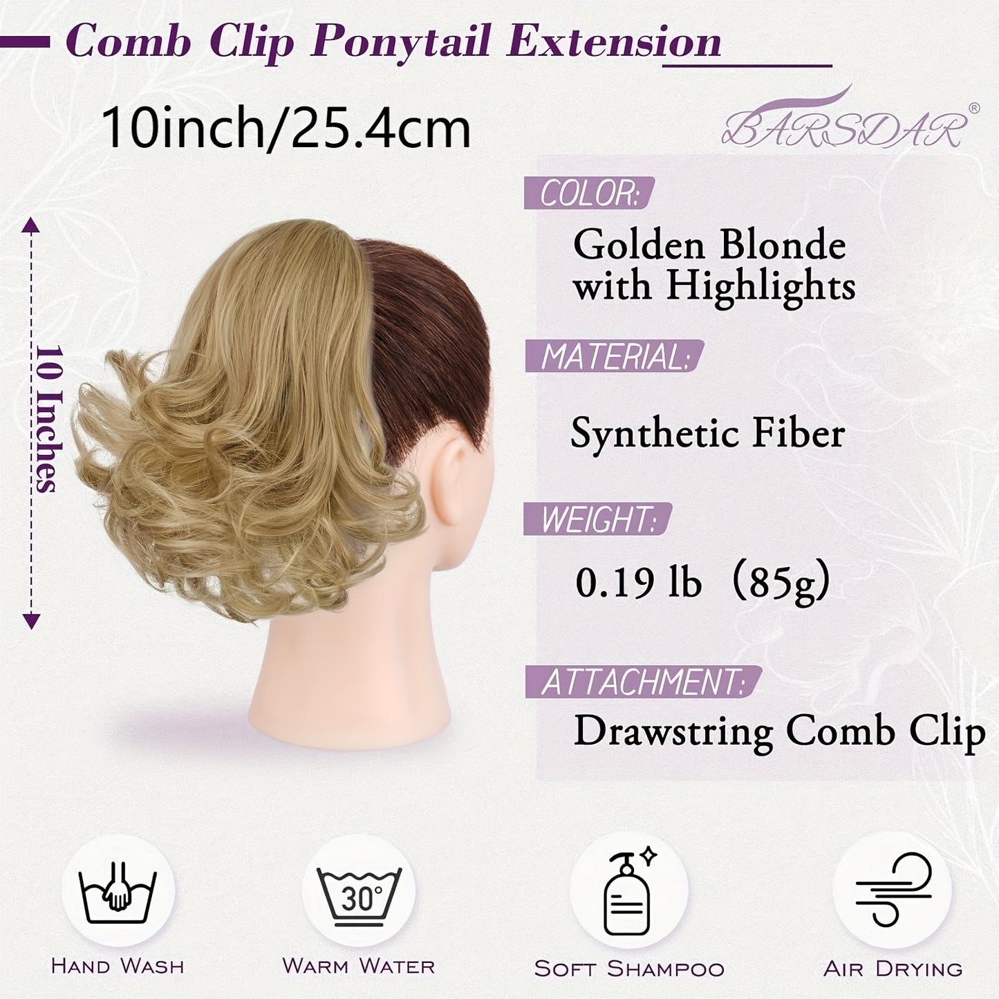 10" Wavy Clip-In Ponytail Hair Extension for Women - Synthetic Blonde Drawstring Hairpiece, Voluminous Curly Style, Easy-to-Use Comb Attachment for Daily Wear