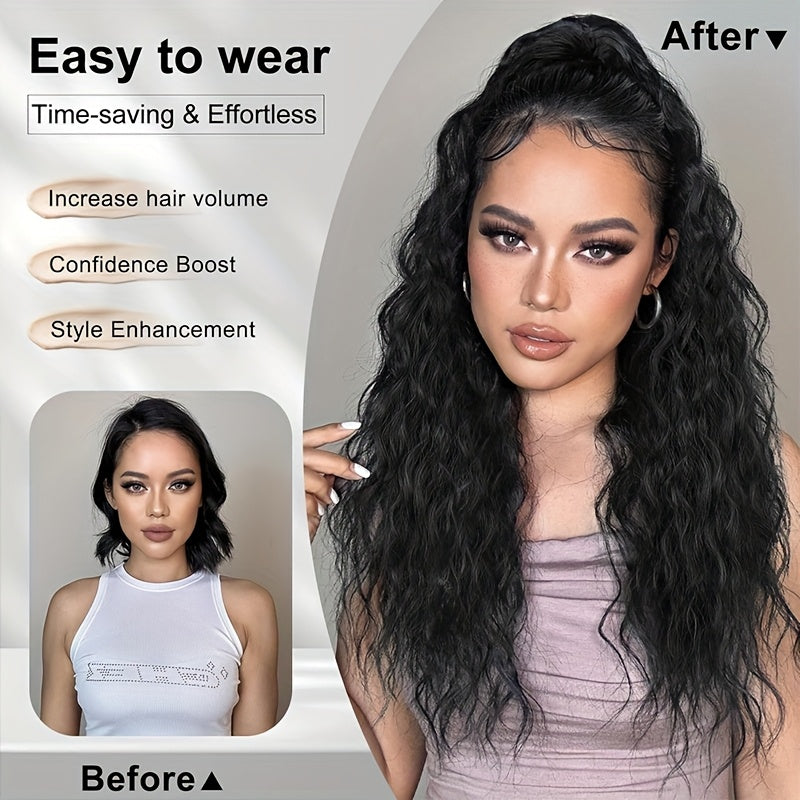 45.72cm Deep Wave Corn Curl Clip-In Ponytail Extension for Women - High-Temperature Synthetic Hairpiece with Drawstring, Layered Wavy Afro Style, Perfect for Daily Wear & Parties, Hair Accessories