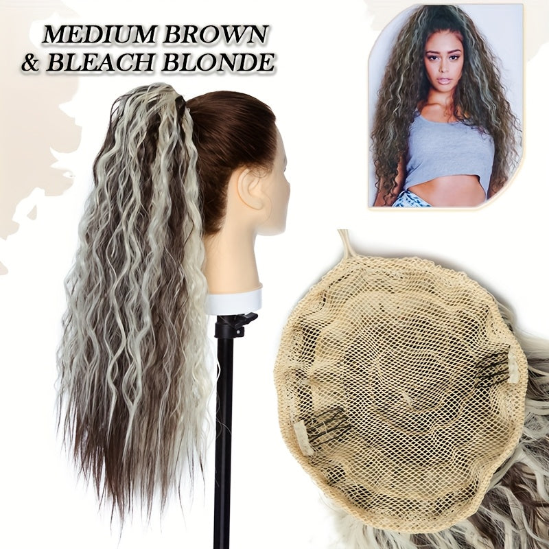 45.72cm Deep Wave Corn Curl Clip-In Ponytail Extension for Women - High-Temperature Synthetic Hairpiece with Drawstring, Layered Wavy Afro Style, Perfect for Daily Wear & Parties, Hair Accessories