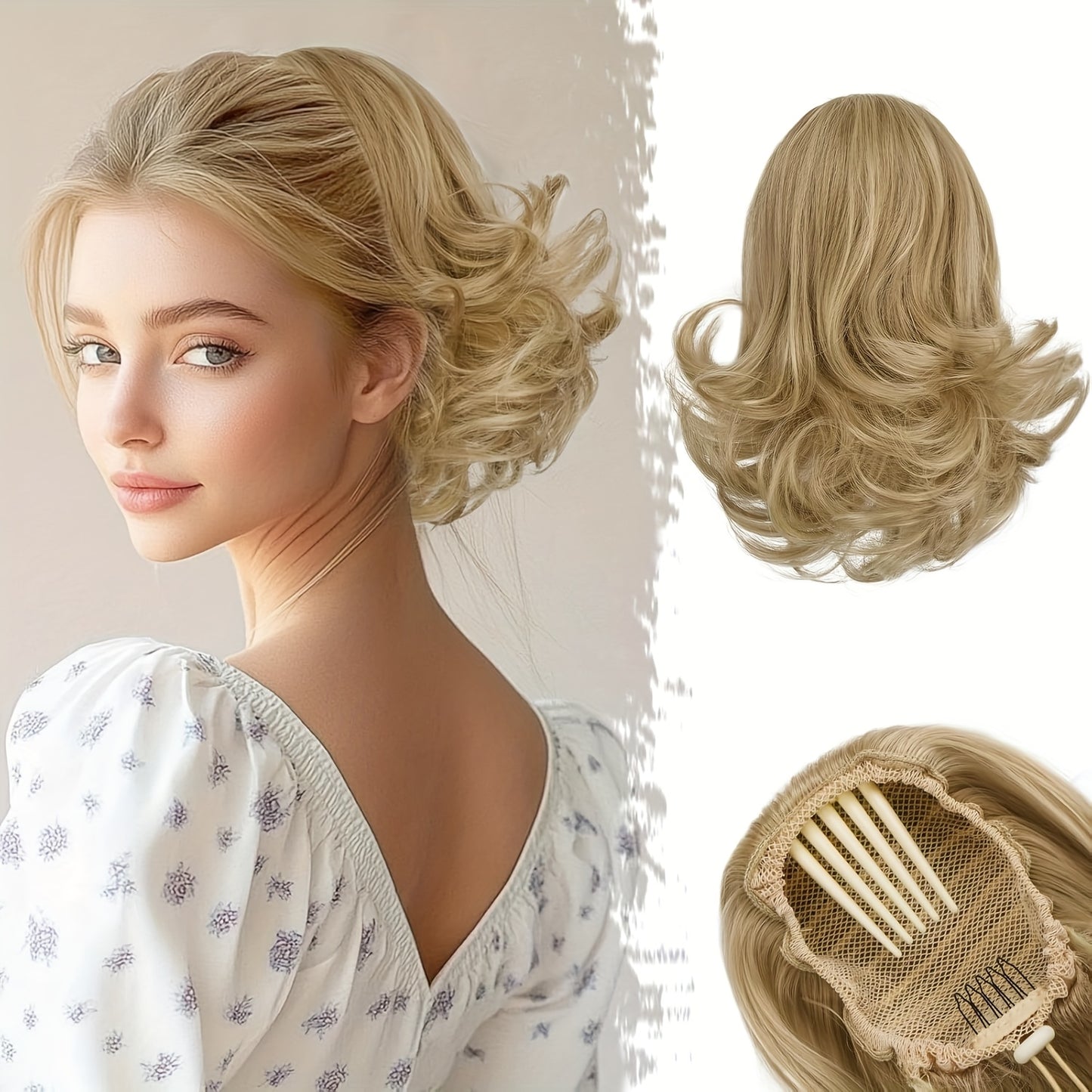 10" Wavy Clip-In Ponytail Hair Extension for Women - Synthetic Blonde Drawstring Hairpiece, Voluminous Curly Style, Easy-to-Use Comb Attachment for Daily Wear