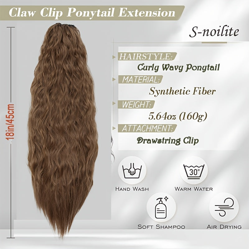 45.72cm Deep Wave Corn Curl Clip-In Ponytail Extension for Women - High-Temperature Synthetic Hairpiece with Drawstring, Layered Wavy Afro Style, Perfect for Daily Wear & Parties, Hair Accessories