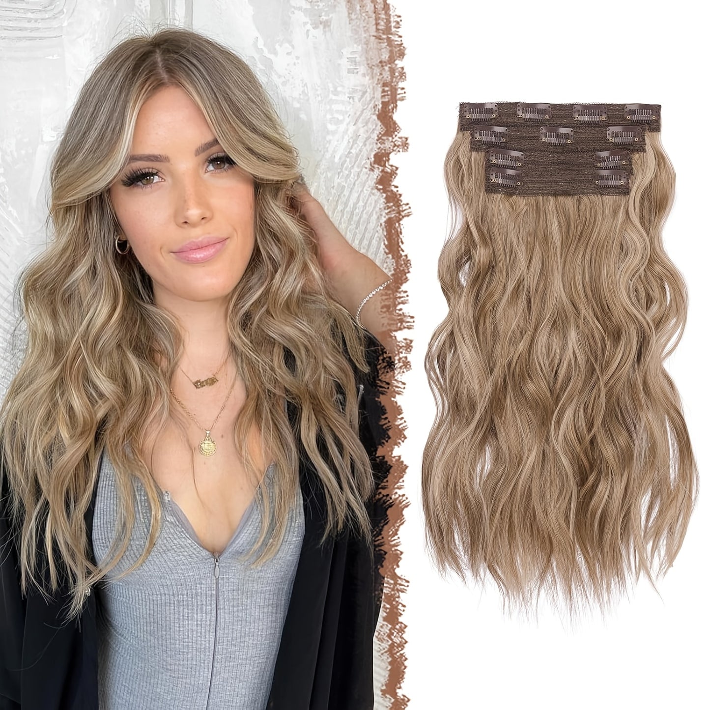 FESHFEN Clip In Hair Extensions 4pcs Long Wavy Thick Hair Piece Highlighted Full Head Synthetic Natural Curly Extension For Women, 40.64 cm
