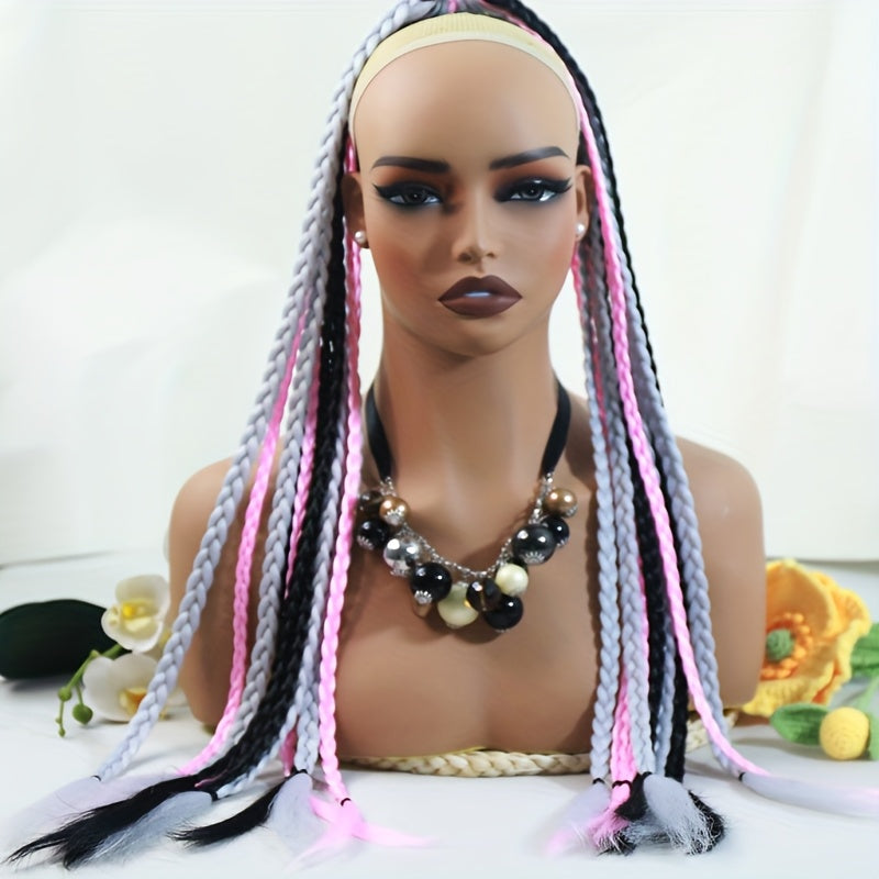 [High-Temperature Synthetic Hair Extension] 24-Strand High-Temperature Synthetic Hair Box Braided Ponytail Extension for Women - Versatile Straight Style in Black & White - Elastic Band Hair Accessories