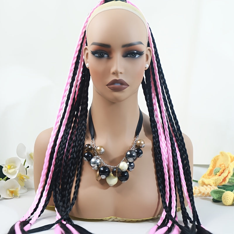 [High-Temperature Synthetic Hair Extension] 24-Strand High-Temperature Synthetic Hair Box Braided Ponytail Extension for Women - Versatile Straight Style in Black & White - Elastic Band Hair Accessories