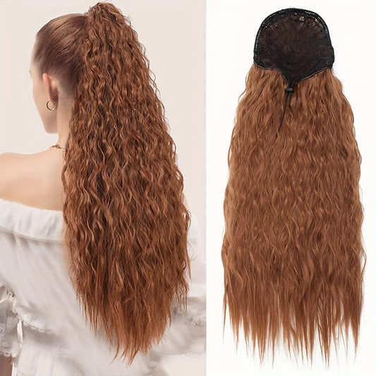 45.72cm Deep Wave Corn Curl Clip-In Ponytail Extension for Women - High-Temperature Synthetic Hairpiece with Drawstring, Layered Wavy Afro Style, Perfect for Daily Wear & Parties, Hair Accessories