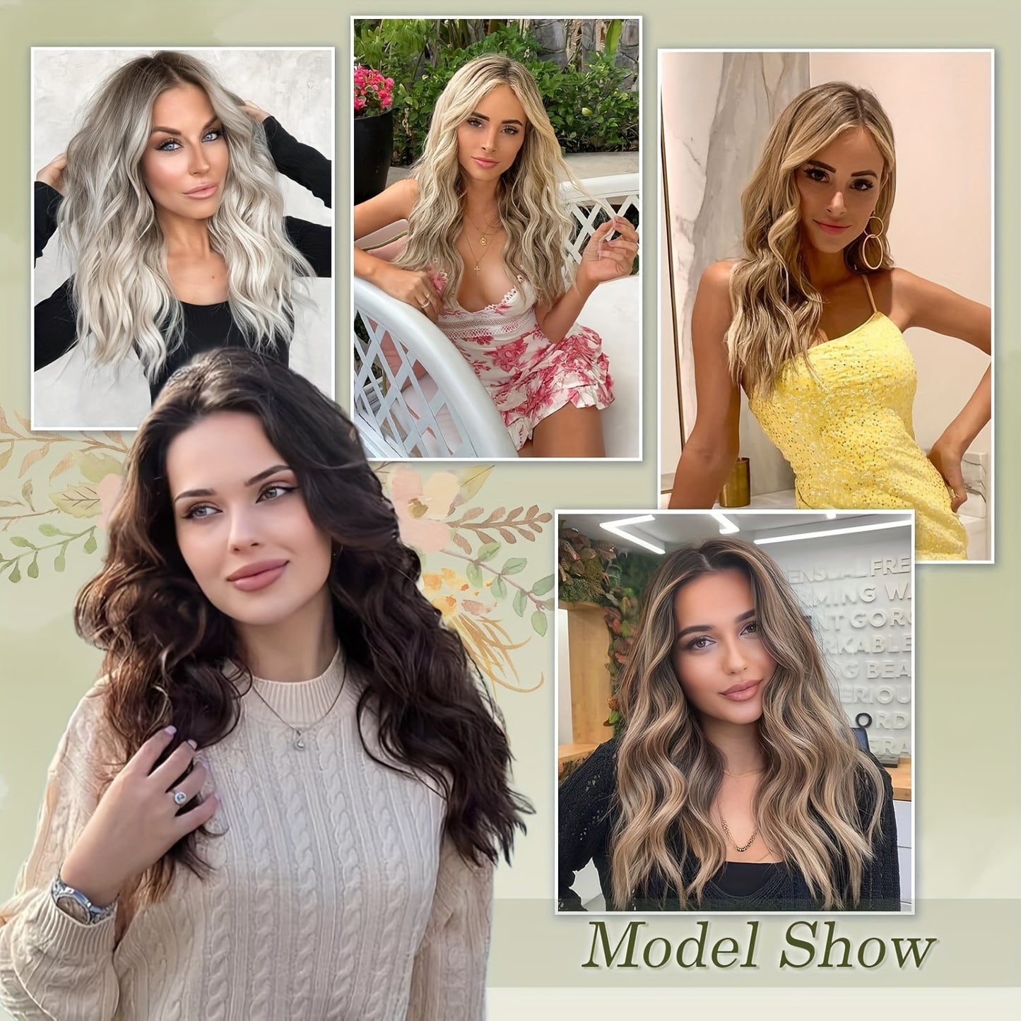 FESHFEN Clip In Hair Extensions 4pcs Long Wavy Thick Hair Piece Highlighted Full Head Synthetic Natural Curly Extension For Women, 40.64 cm