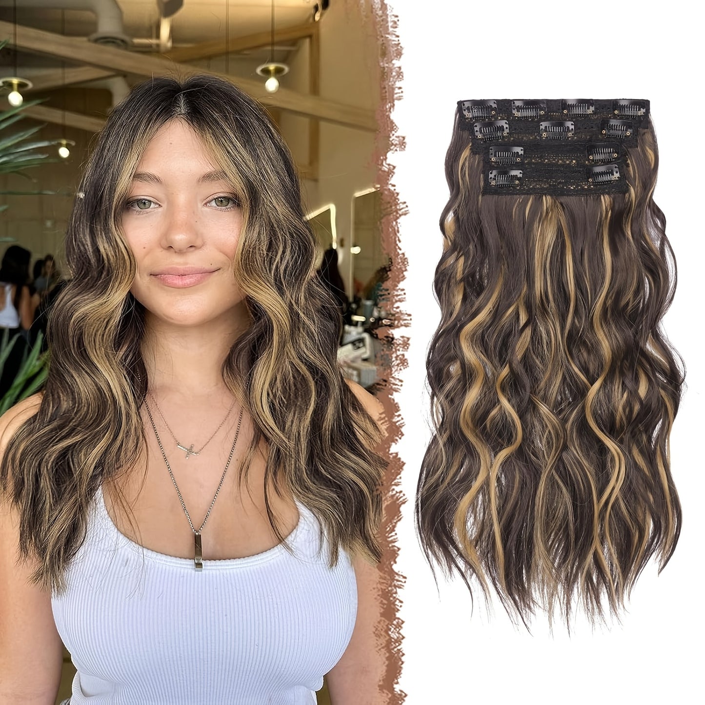 FESHFEN Clip In Hair Extensions 4pcs Long Wavy Thick Hair Piece Highlighted Full Head Synthetic Natural Curly Extension For Women, 40.64 cm