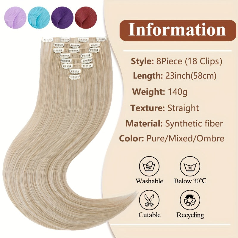 8pcs/Set Clip In Hair Extensions Straight 23inch/58cm Long Thick Synthetic Hair Piece High Temperature Fiber Double Weft Heat Resistant Fiber 8pcs Full Head Clip In Hairpieces Highlight Pure Colors for Women Daily Party Festival Gift