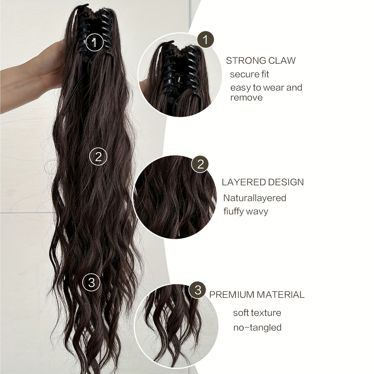 Claw Ponytail Extension 24 inch Water Wave big Wavy Curly Clip in Hair Extensions Soft Looking Synthetic Hairpiece for Women black with red