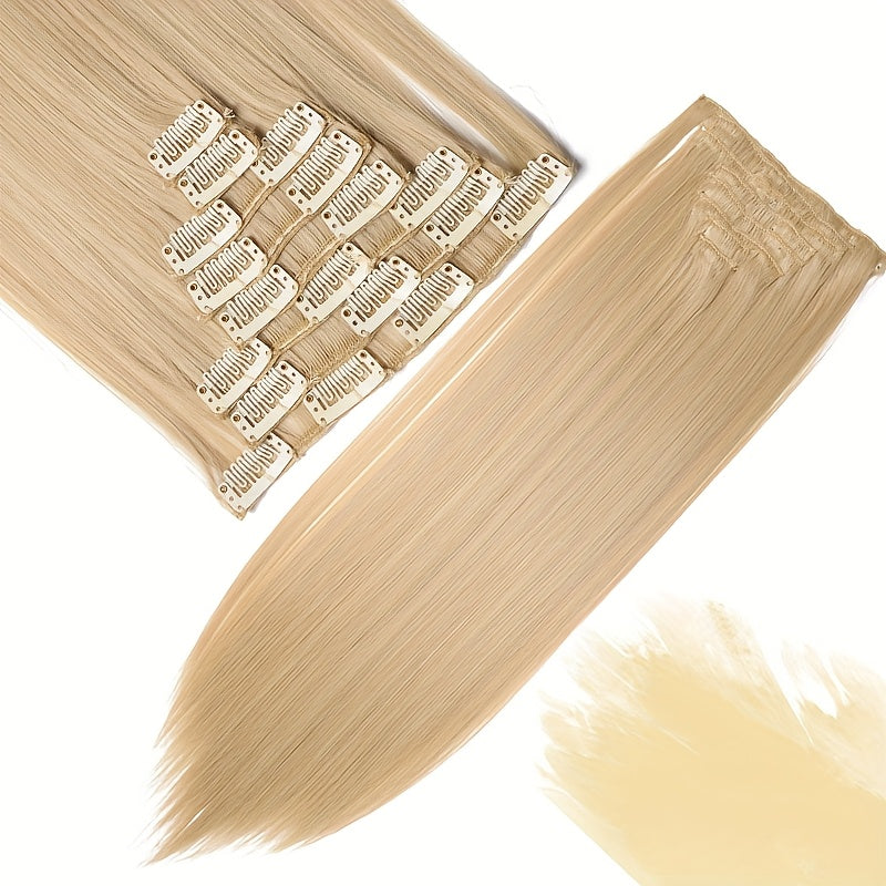 8pcs/Set Clip In Hair Extensions Straight 23inch/58cm Long Thick Synthetic Hair Piece High Temperature Fiber Double Weft Heat Resistant Fiber 8pcs Full Head Clip In Hairpieces Highlight Pure Colors for Women Daily Party Festival Gift