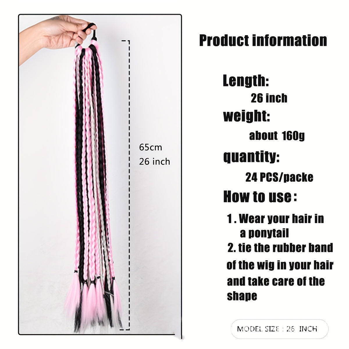 [High-Temperature Synthetic Hair Extension] 24-Strand High-Temperature Synthetic Hair Box Braided Ponytail Extension for Women - Versatile Straight Style in Black & White - Elastic Band Hair Accessories
