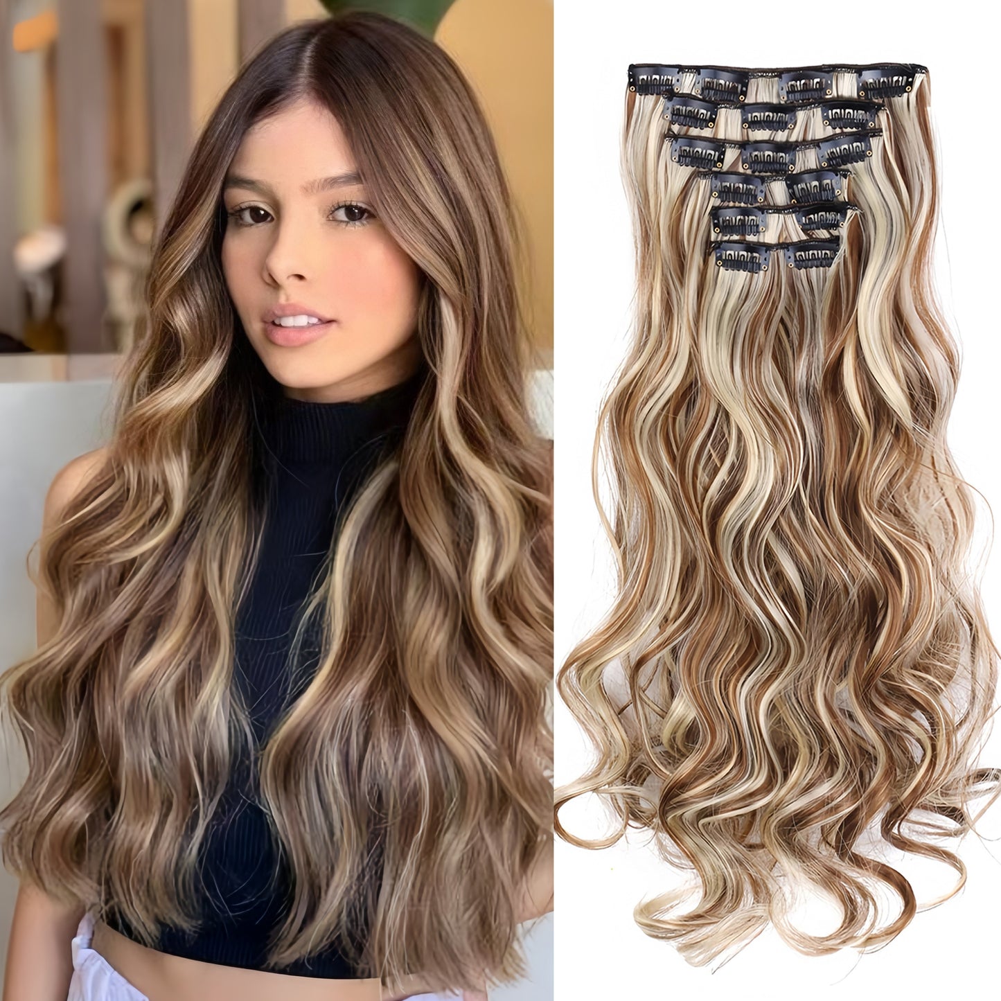 Clip-In Long Wavy Synthetic Hair Extension 20 Inches - Deep Brown & Light Brown Thick Voluminous Curly Wave Hairpiece for Women, Natural Look for Daily Wear & Special Occasions, Versatile Hairpiece, Secure Clip Attachment