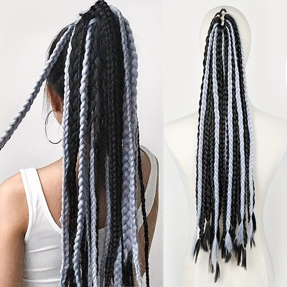 [High-Temperature Synthetic Hair Extension] 24-Strand High-Temperature Synthetic Hair Box Braided Ponytail Extension for Women - Versatile Straight Style in Black & White - Elastic Band Hair Accessories