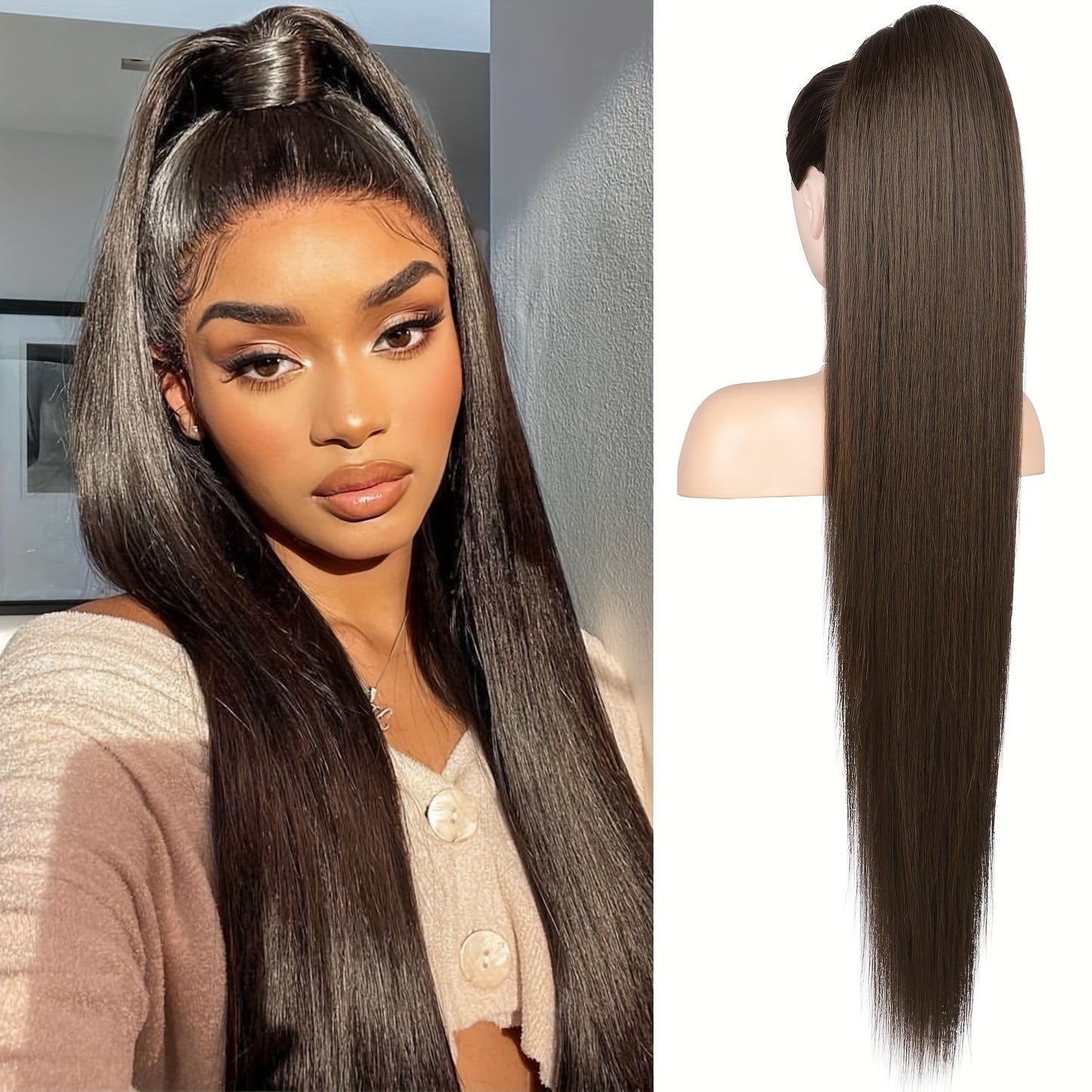 91.44cm Long Ponytail Hair Extensions, 91.44 cm Long Straight Drawstring Ponytail Synthetic Fake Ponytail Soft Clip-In Hair Extensions Ponytail Women's Daily Wear Holiday Party Wear Halloween Christmas