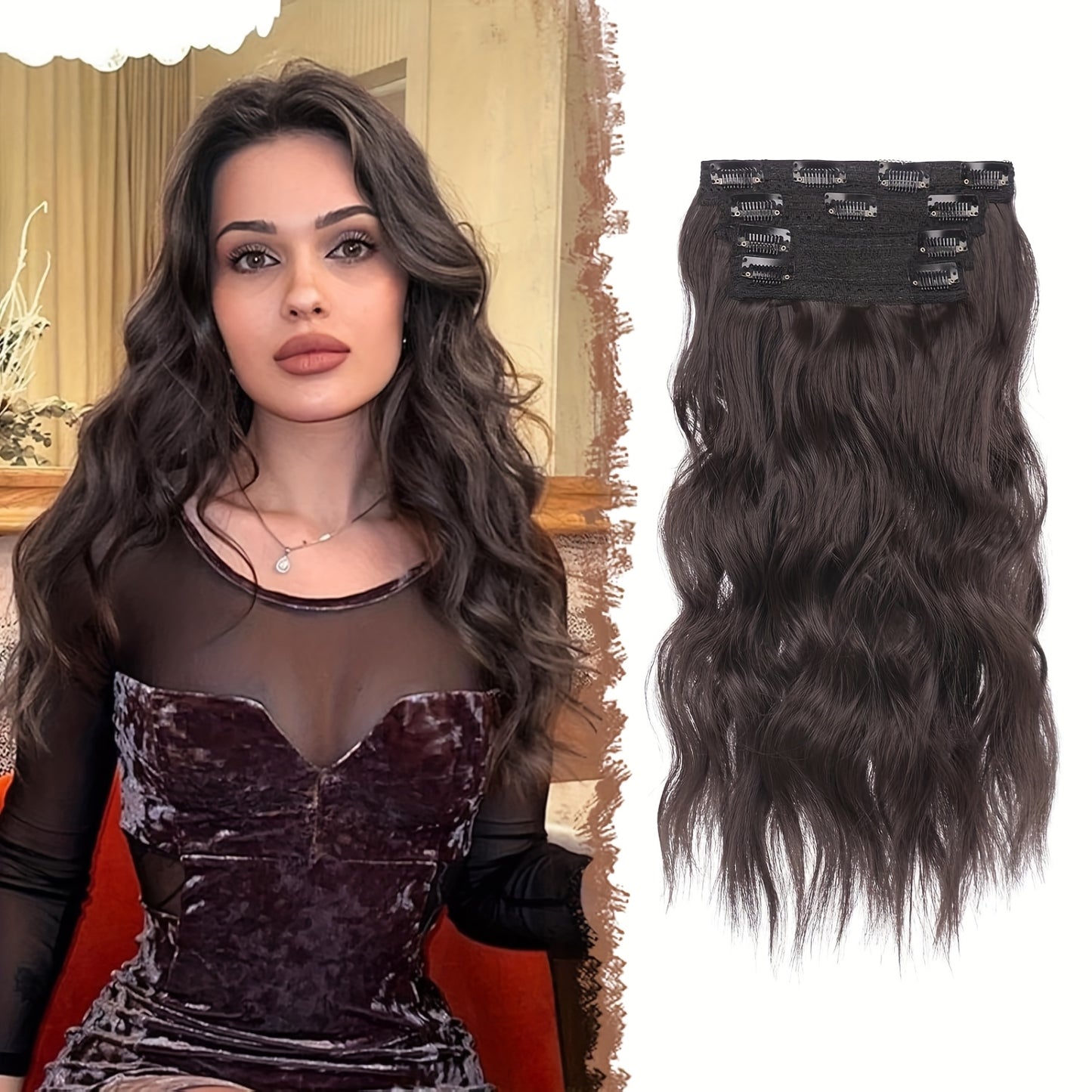 FESHFEN Clip In Hair Extensions 4pcs Long Wavy Thick Hair Piece Highlighted Full Head Synthetic Natural Curly Extension For Women, 40.64 cm