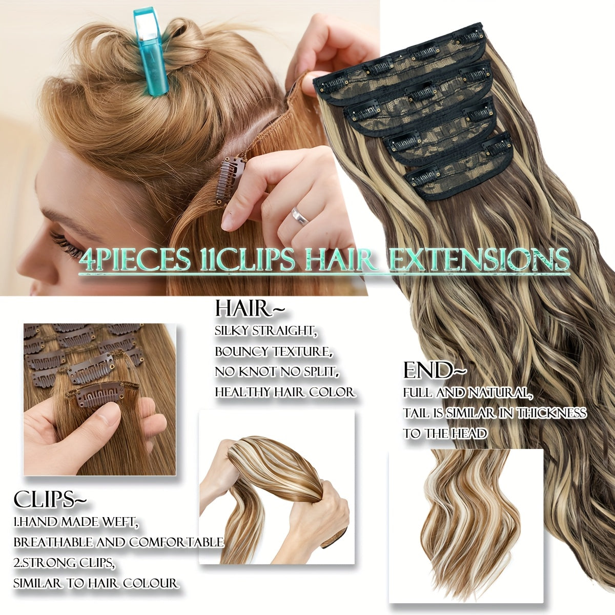 Clip In Hair Extensions Synthetic Fiber Hair, 55.88 cm 185g 4pcs 11clips Clip In Synthetic Hair Coloured Remy Long Kinky Curly Natural Soft Hairpieces For Women, Use For Daily Party, Wedding, Outgoing To Add Volumn To Show Your Beauty