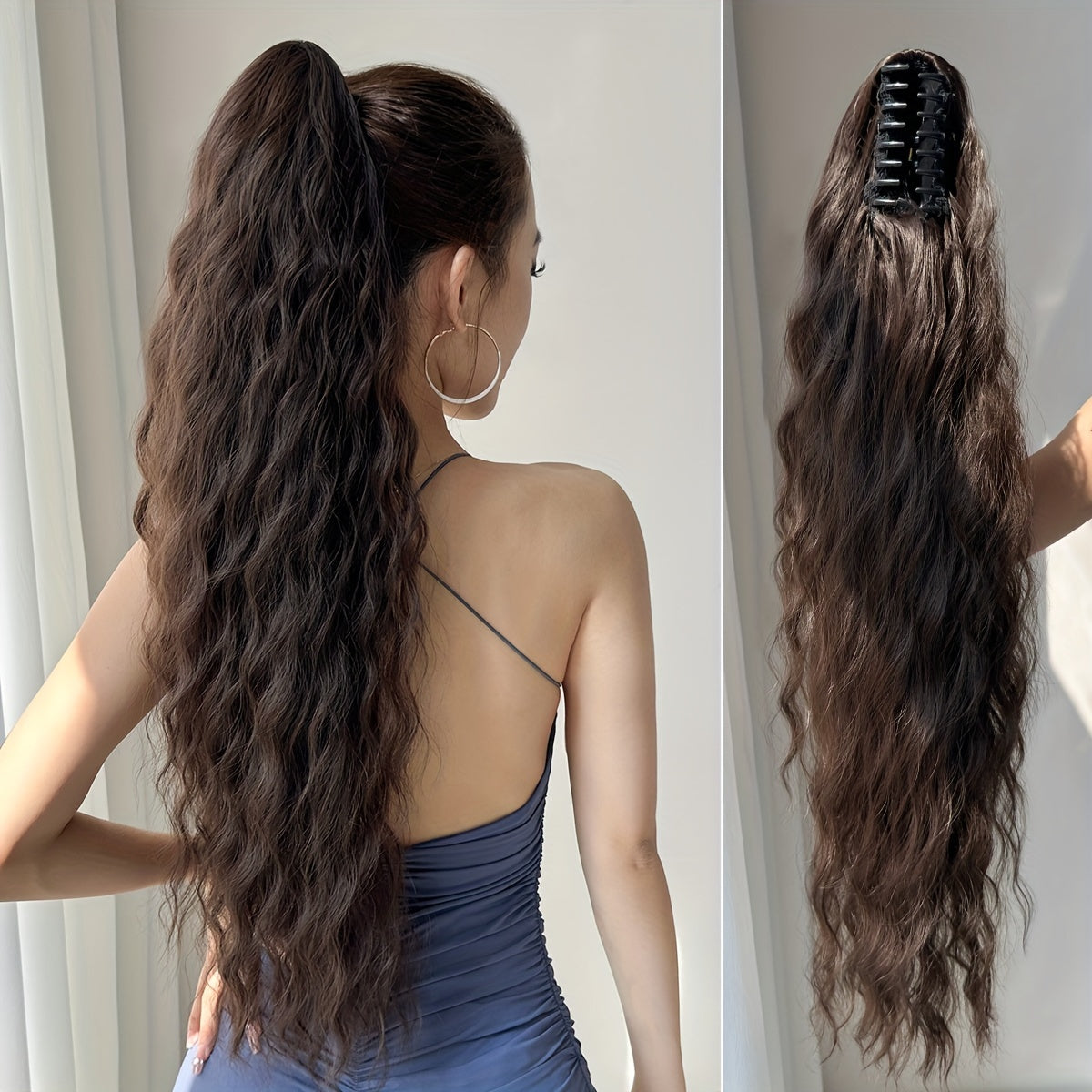 [28" Brown Ponytail] YUSULAXI 28-Inch Brown Wavy Ponytail Extension | High Temperature Fiber Clip-In Tailpiece | Synthetic Hairpiece for Ladies