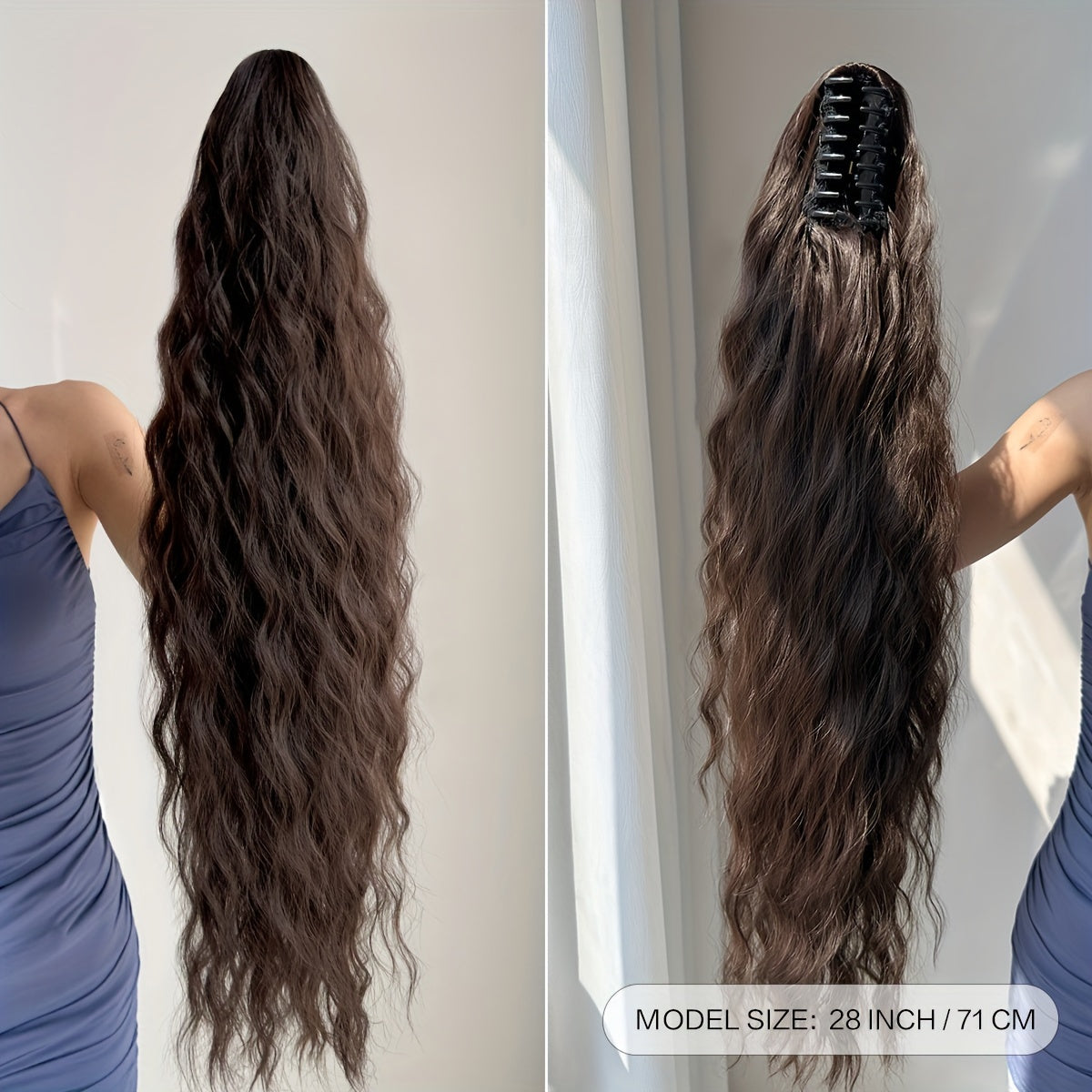 [28" Brown Ponytail] YUSULAXI 28-Inch Brown Wavy Ponytail Extension | High Temperature Fiber Clip-In Tailpiece | Synthetic Hairpiece for Ladies