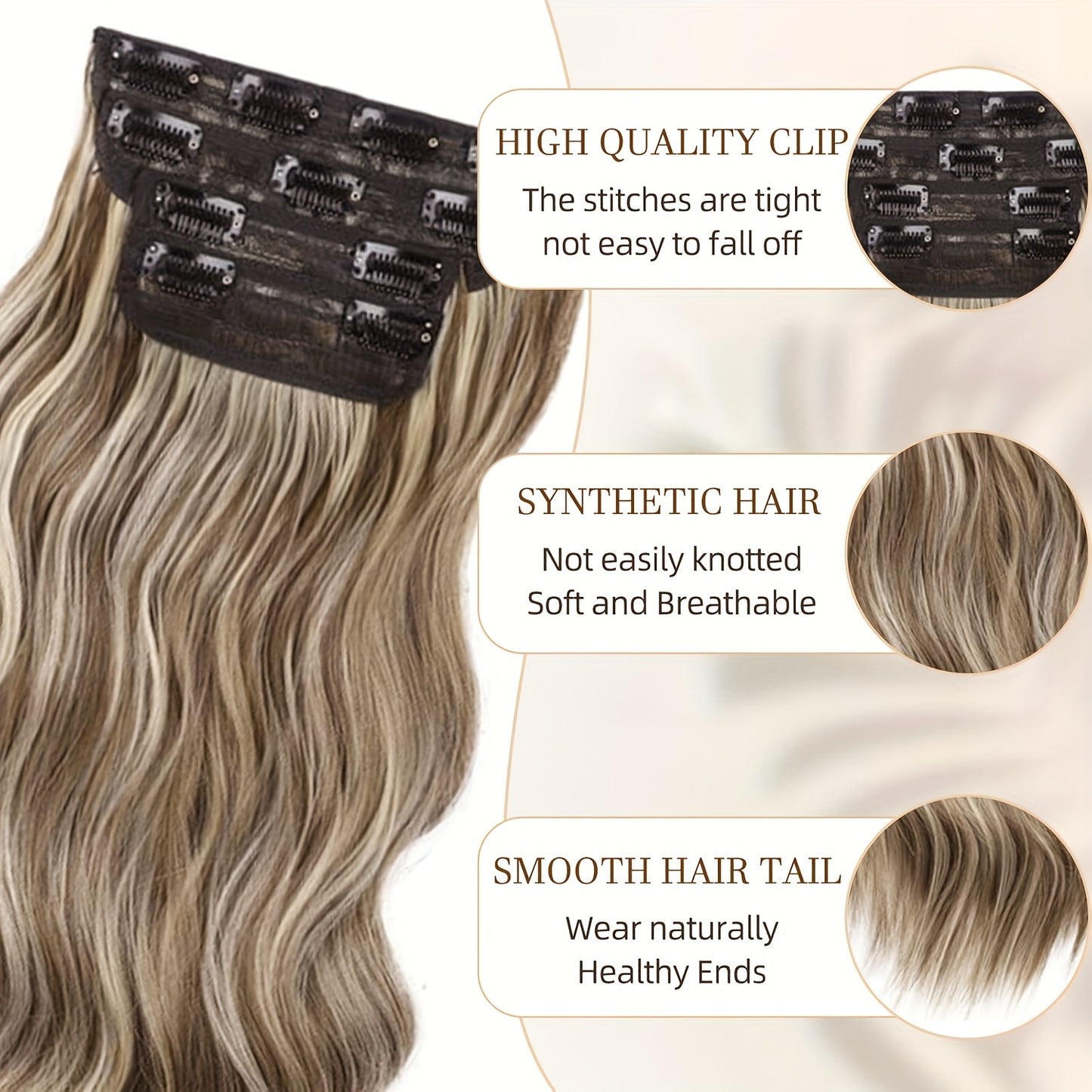 [Heat-Resistant Hair Extensions] 4pcs 20 Inch Long Wavy Synthetic Clip-In Hair Extensions - Chocolate Brown with Blonde Highlights, Heat-Resistant, Adds Volume & Dimension, Fits All Hair Types & Ethnicities, Naturallooking Dimensional Hairpieces for Women