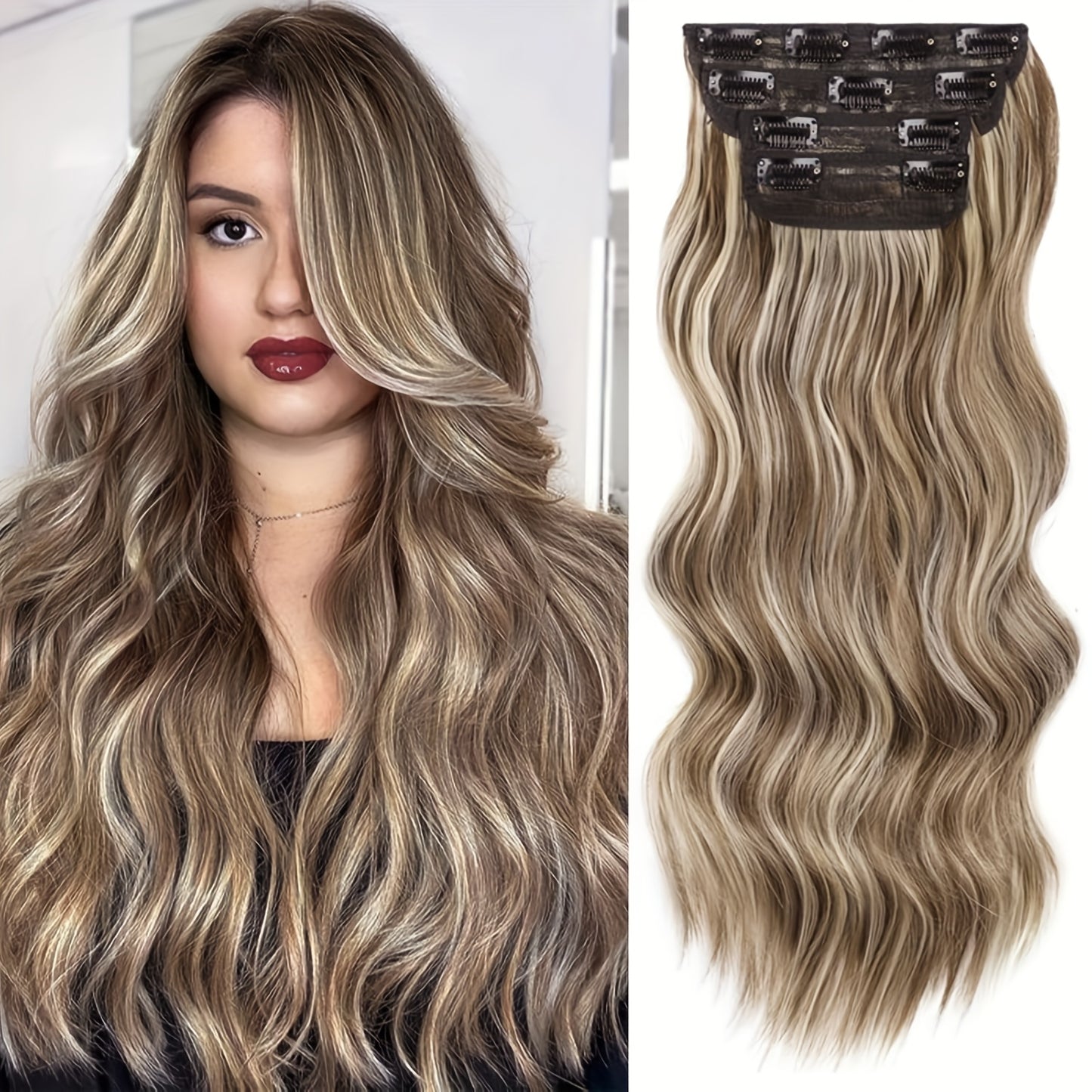 [Heat-Resistant Hair Extensions] 4pcs 20 Inch Long Wavy Synthetic Clip-In Hair Extensions - Chocolate Brown with Blonde Highlights, Heat-Resistant, Adds Volume & Dimension, Fits All Hair Types & Ethnicities, Naturallooking Dimensional Hairpieces for Women
