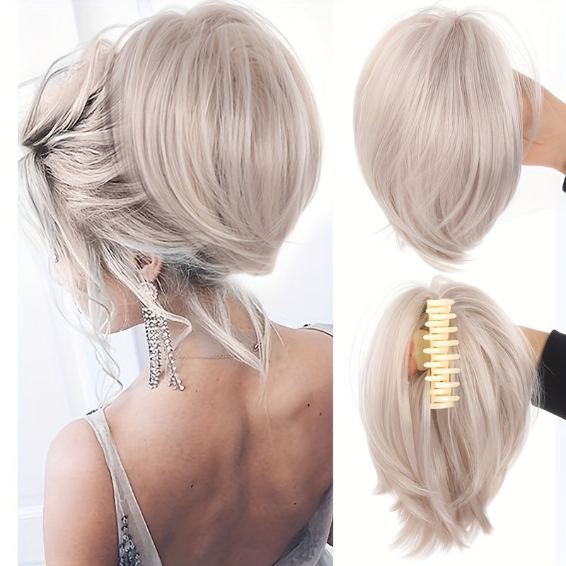 Elegant Messy Bun Hair Clip for Women - 20.32cm Synthetic Straight Ponytail Extension, Black Donut Chignon with Hairpin Comb, Versatile & Heat-Resistant