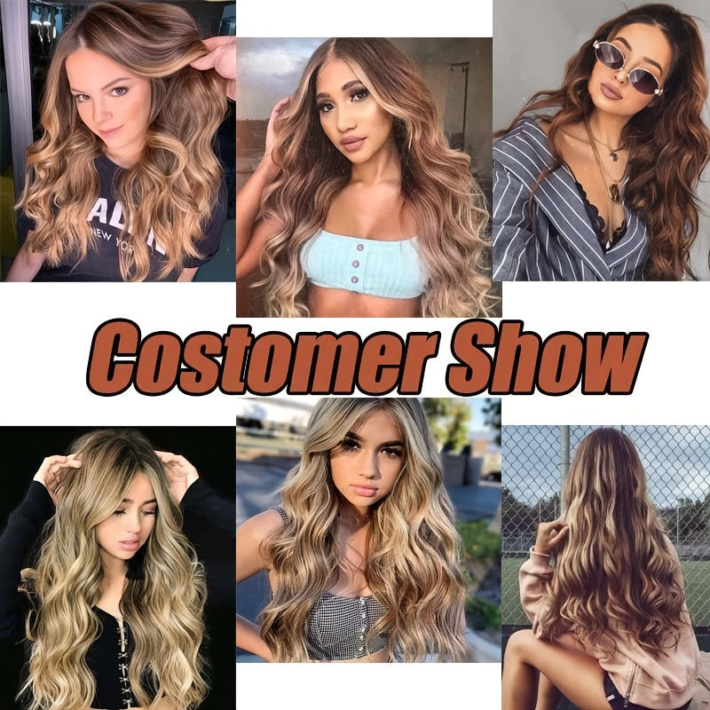8pcs Long Clip-In Hair Extensions - Voluminous Waves, Light to Dark Brown Gradient, Synthetic Fiber Hairpiece with Clips for Women - Wedding, Party, Everyday Volume & Length - Adds Instant Length & Body