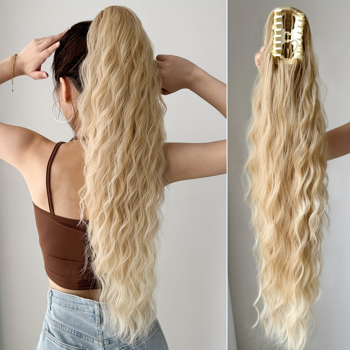 [28" Brown Ponytail] YUSULAXI 28-Inch Brown Wavy Ponytail Extension | High Temperature Fiber Clip-In Tailpiece | Synthetic Hairpiece for Ladies