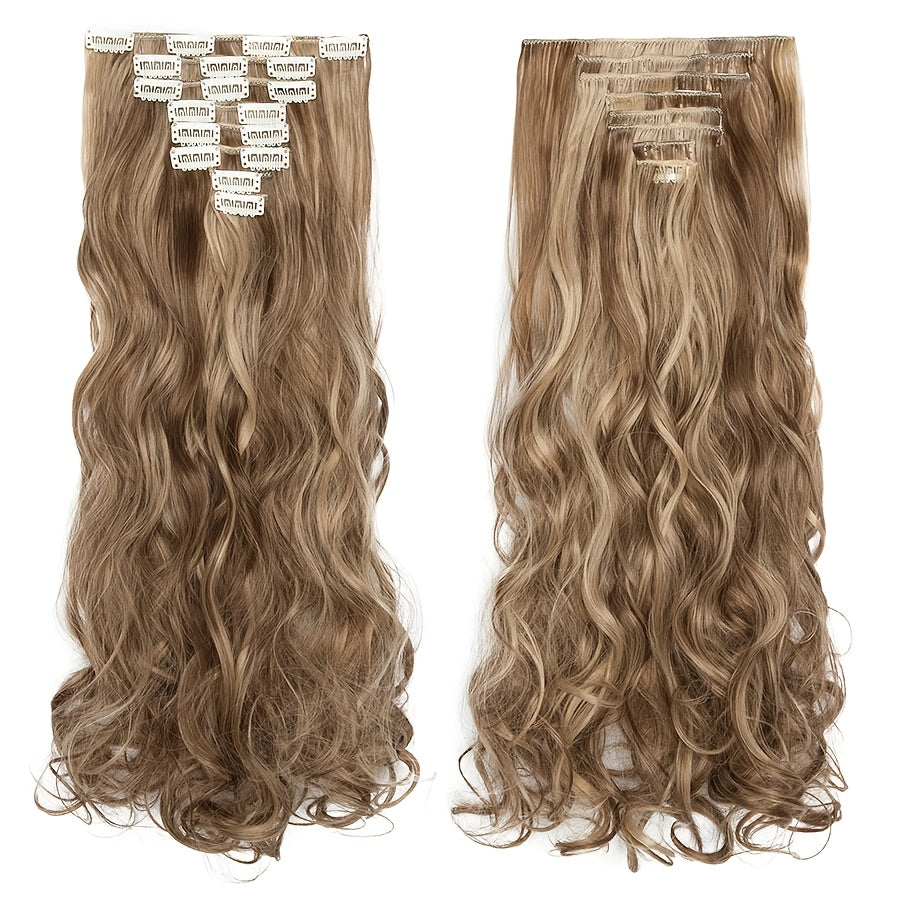 8pcs Long Clip-In Hair Extensions - Voluminous Waves, Light to Dark Brown Gradient, Synthetic Fiber Hairpiece with Clips for Women - Wedding, Party, Everyday Volume & Length - Adds Instant Length & Body