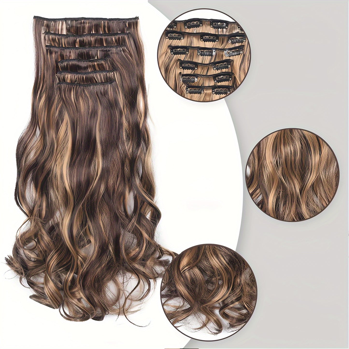 Clip-In Long Wavy Synthetic Hair Extension 20 Inches - Deep Brown & Light Brown Thick Voluminous Curly Wave Hairpiece for Women, Natural Look for Daily Wear & Special Occasions, Versatile Hairpiece, Secure Clip Attachment