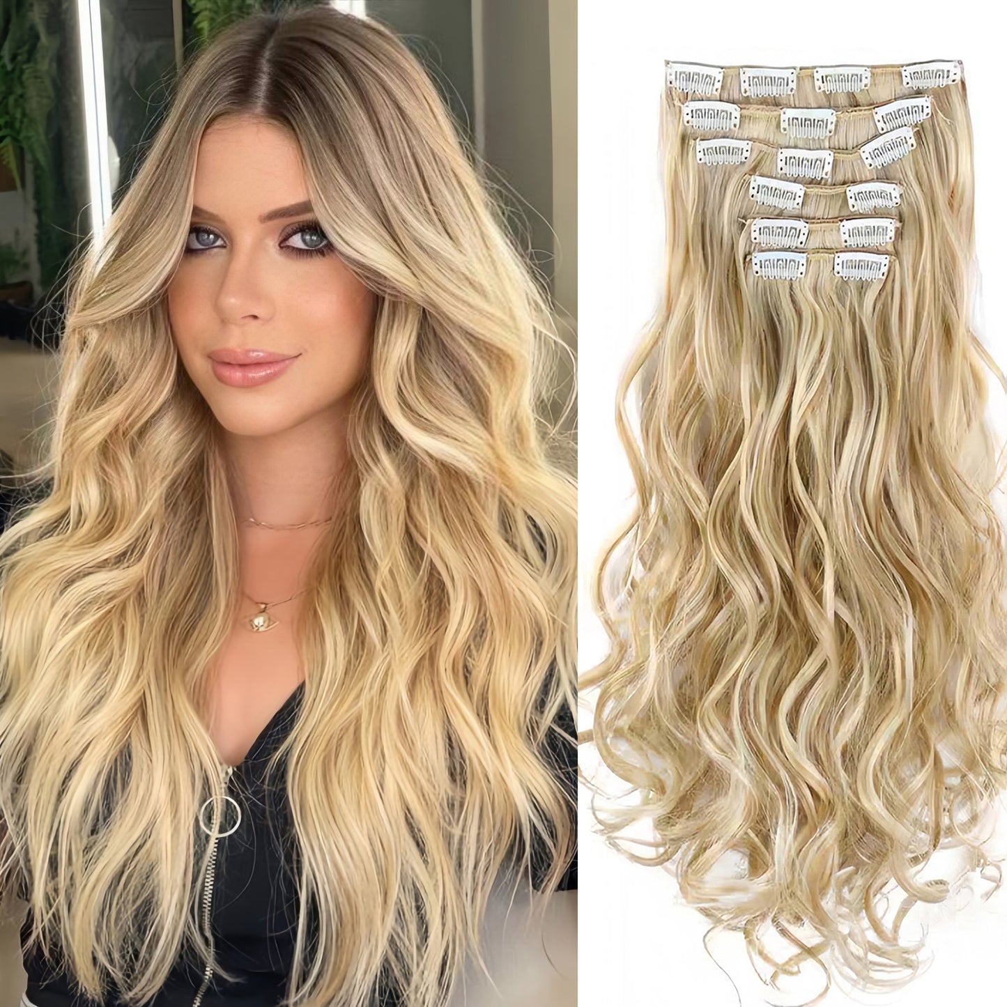 Clip-In Long Wavy Synthetic Hair Extension 20 Inches - Deep Brown & Light Brown Thick Voluminous Curly Wave Hairpiece for Women, Natural Look for Daily Wear & Special Occasions, Versatile Hairpiece, Secure Clip Attachment