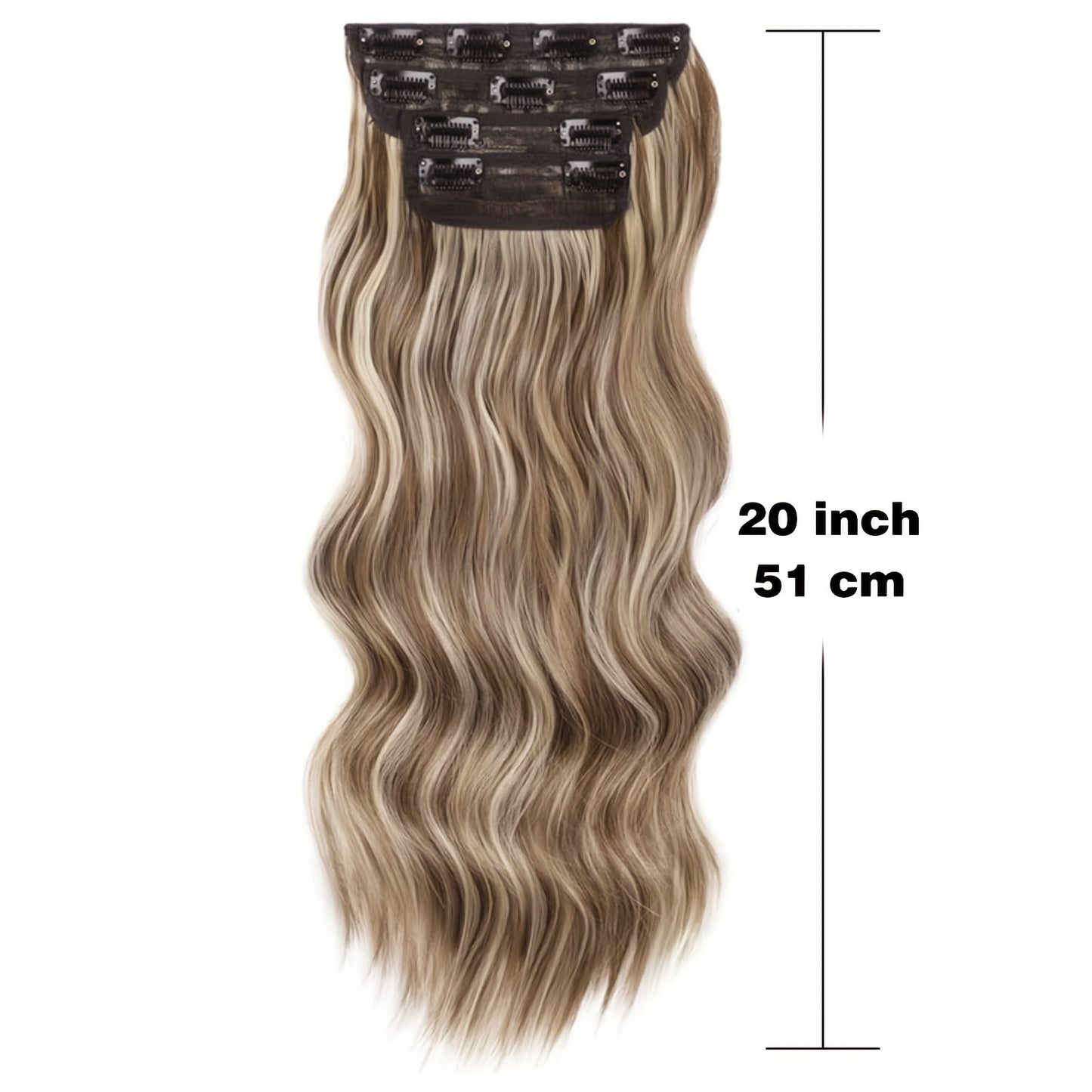 [Heat-Resistant Hair Extensions] 4pcs 20 Inch Long Wavy Synthetic Clip-In Hair Extensions - Chocolate Brown with Blonde Highlights, Heat-Resistant, Adds Volume & Dimension, Fits All Hair Types & Ethnicities, Naturallooking Dimensional Hairpieces for Women