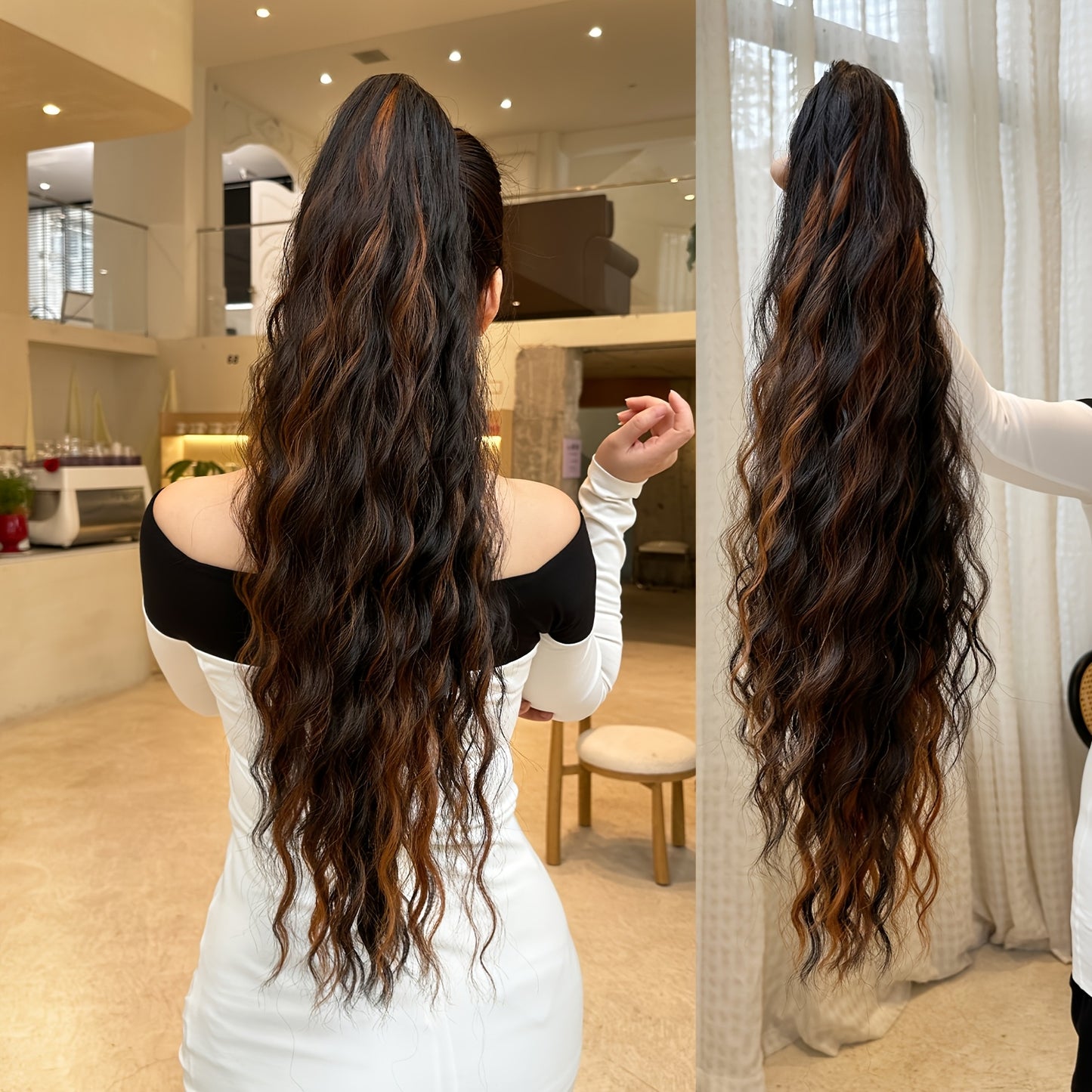 [28" Brown Ponytail] YUSULAXI 28-Inch Brown Wavy Ponytail Extension | High Temperature Fiber Clip-In Tailpiece | Synthetic Hairpiece for Ladies