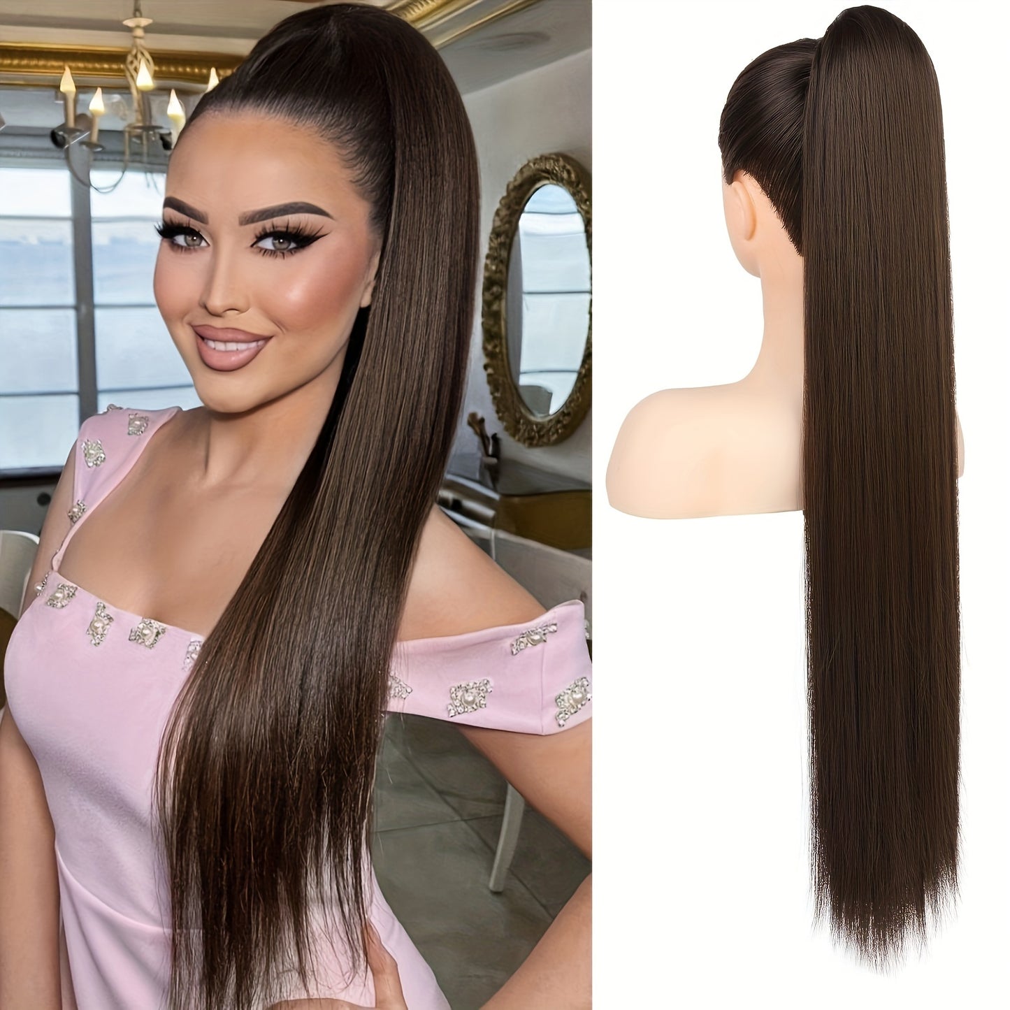 91.44cm Long Ponytail Hair Extensions, 91.44 cm Long Straight Drawstring Ponytail Synthetic Fake Ponytail Soft Clip-In Hair Extensions Ponytail Women's Daily Wear Holiday Party Wear Halloween Christmas
