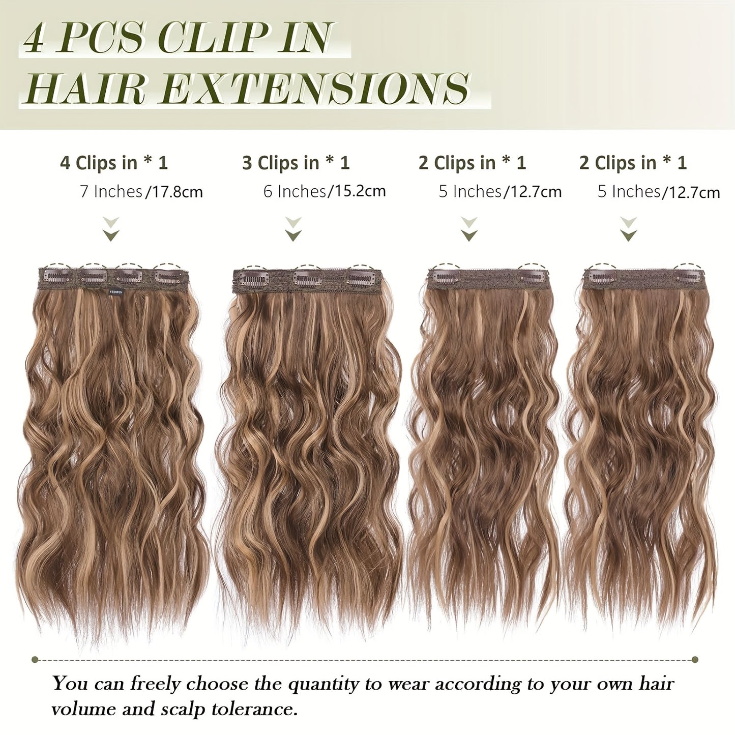 FESHFEN Clip In Hair Extensions 4pcs Long Wavy Thick Hair Piece Highlighted Full Head Synthetic Natural Curly Extension For Women, 40.64 cm