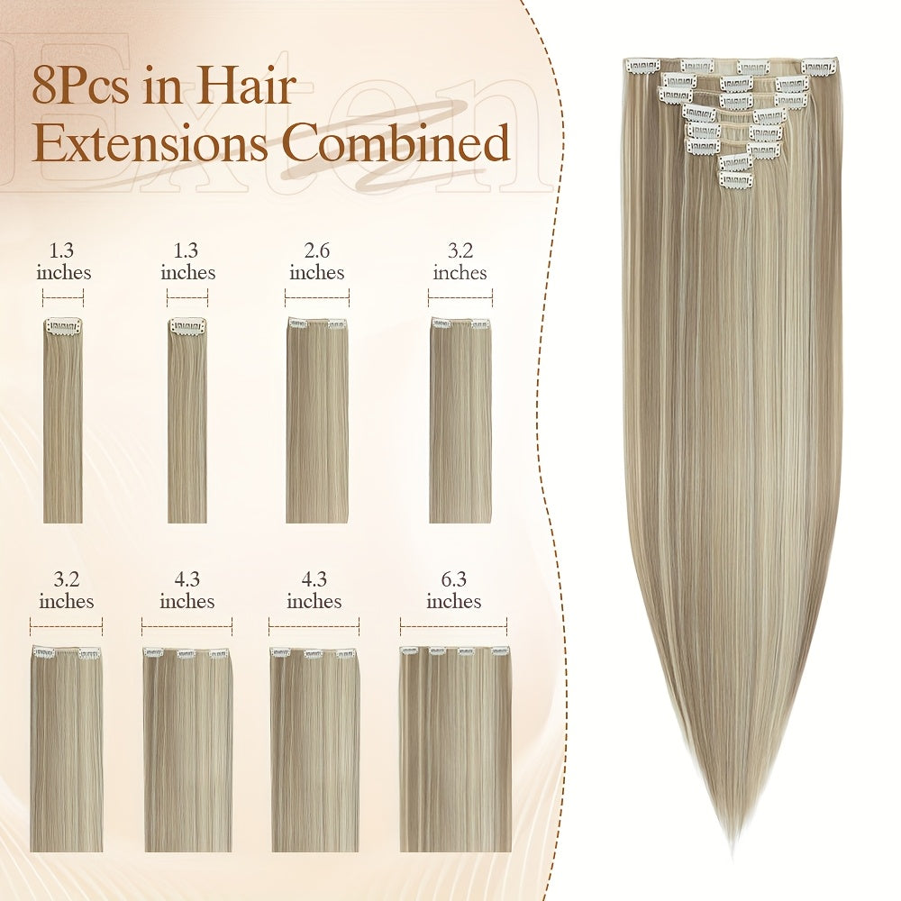 8pcs/Set Clip In Hair Extensions Straight 23inch/58cm Long Thick Synthetic Hair Piece High Temperature Fiber Double Weft Heat Resistant Fiber 8pcs Full Head Clip In Hairpieces Highlight Pure Colors for Women Daily Party Festival Gift