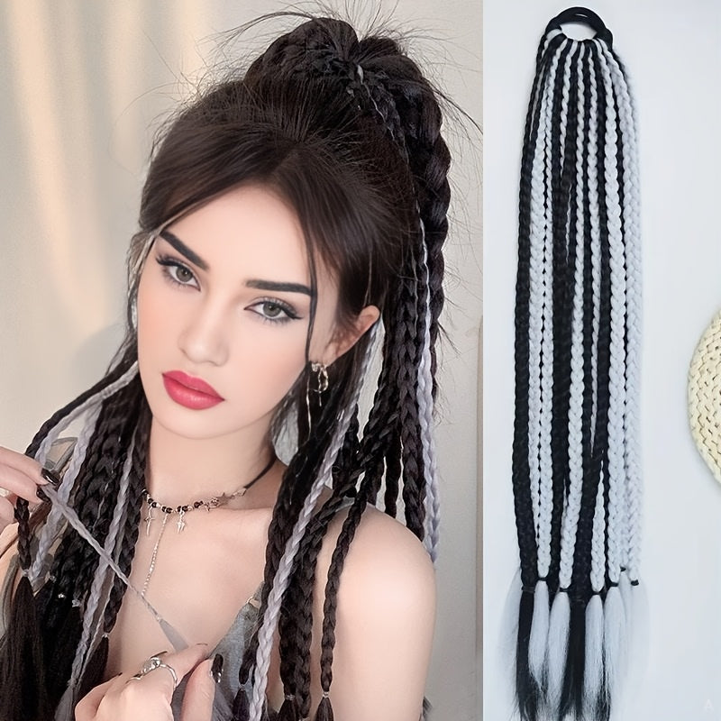 [High-Temperature Synthetic Hair Extension] 24-Strand High-Temperature Synthetic Hair Box Braided Ponytail Extension for Women - Versatile Straight Style in Black & White - Elastic Band Hair Accessories