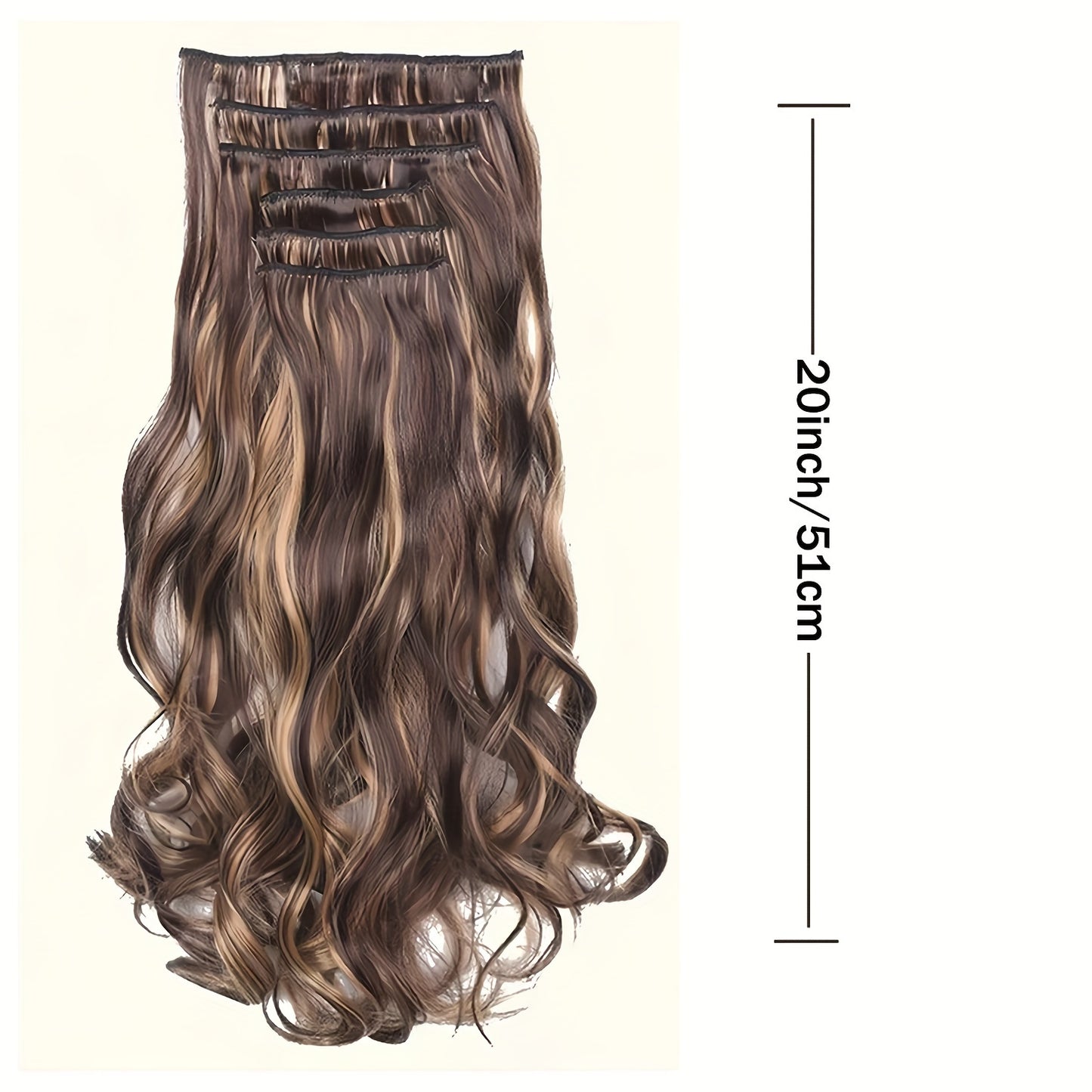 Clip-In Long Wavy Synthetic Hair Extension 20 Inches - Deep Brown & Light Brown Thick Voluminous Curly Wave Hairpiece for Women, Natural Look for Daily Wear & Special Occasions, Versatile Hairpiece, Secure Clip Attachment