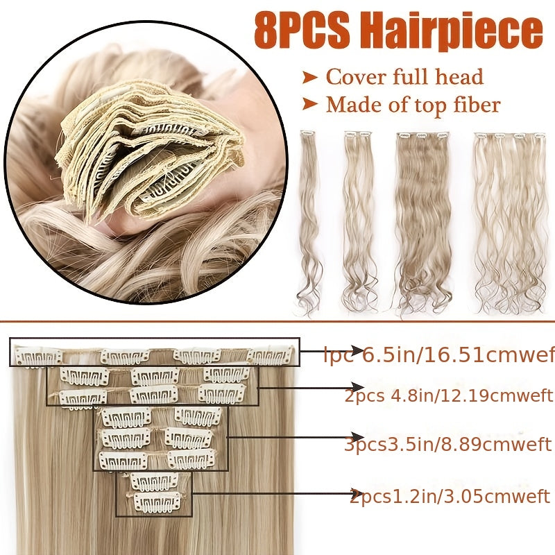 8pcs Long Clip-In Hair Extensions - Voluminous Waves, Light to Dark Brown Gradient, Synthetic Fiber Hairpiece with Clips for Women - Wedding, Party, Everyday Volume & Length - Adds Instant Length & Body