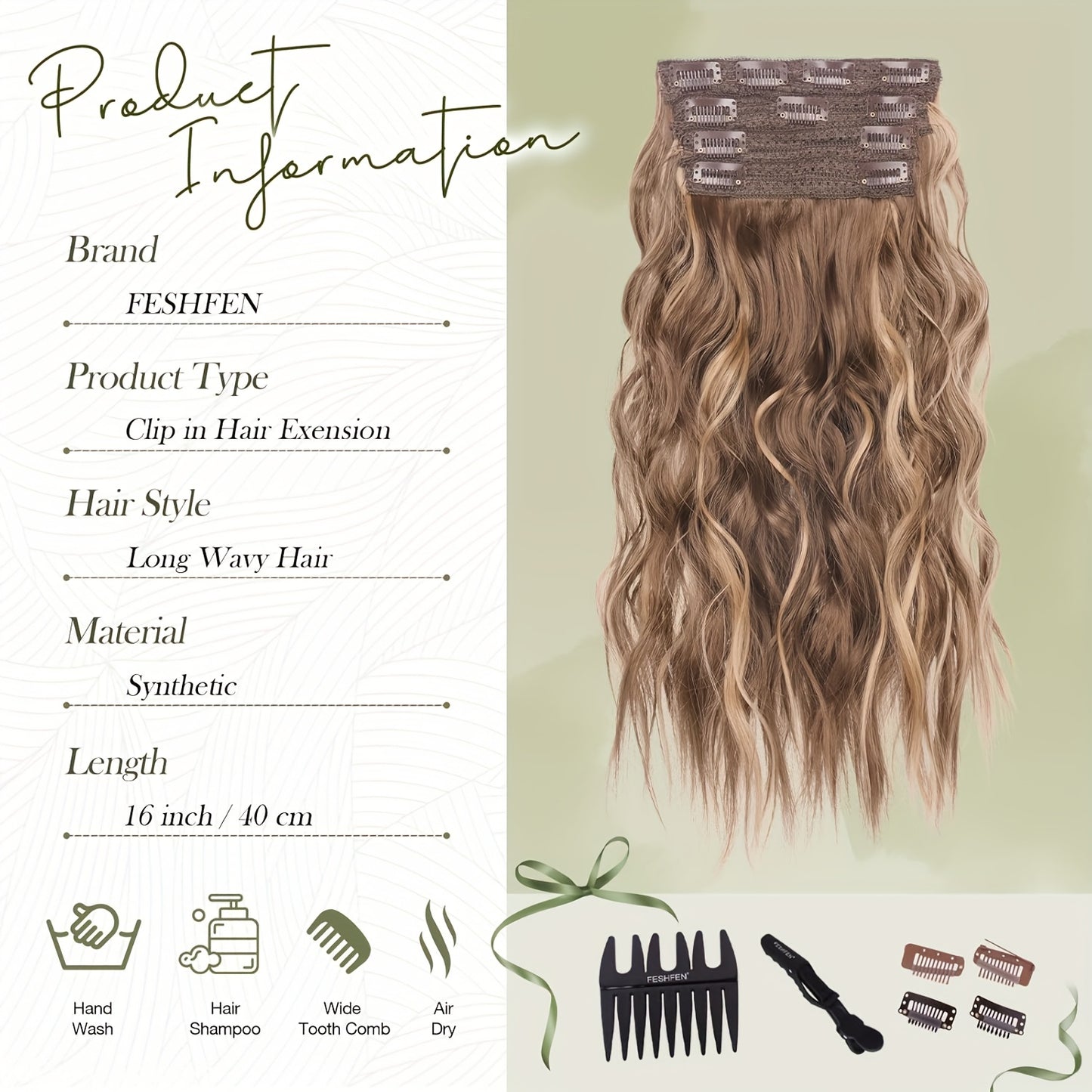 FESHFEN Clip In Hair Extensions 4pcs Long Wavy Thick Hair Piece Highlighted Full Head Synthetic Natural Curly Extension For Women, 40.64 cm