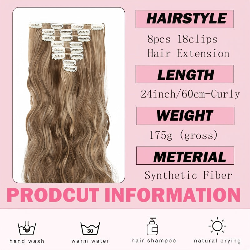 8pcs Long Clip-In Hair Extensions - Voluminous Waves, Light to Dark Brown Gradient, Synthetic Fiber Hairpiece with Clips for Women - Wedding, Party, Everyday Volume & Length - Adds Instant Length & Body